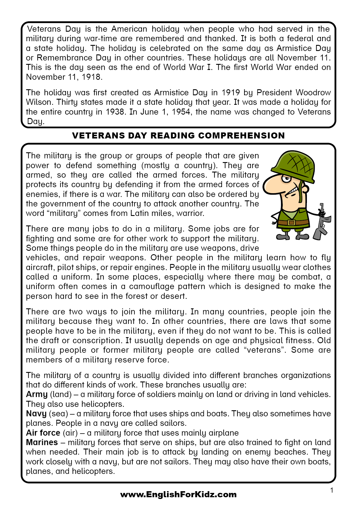 English For Kids Stepstep: Veterans Day Reading Comprehension with regard to Free Printable Veterans Day Reading Comprehension