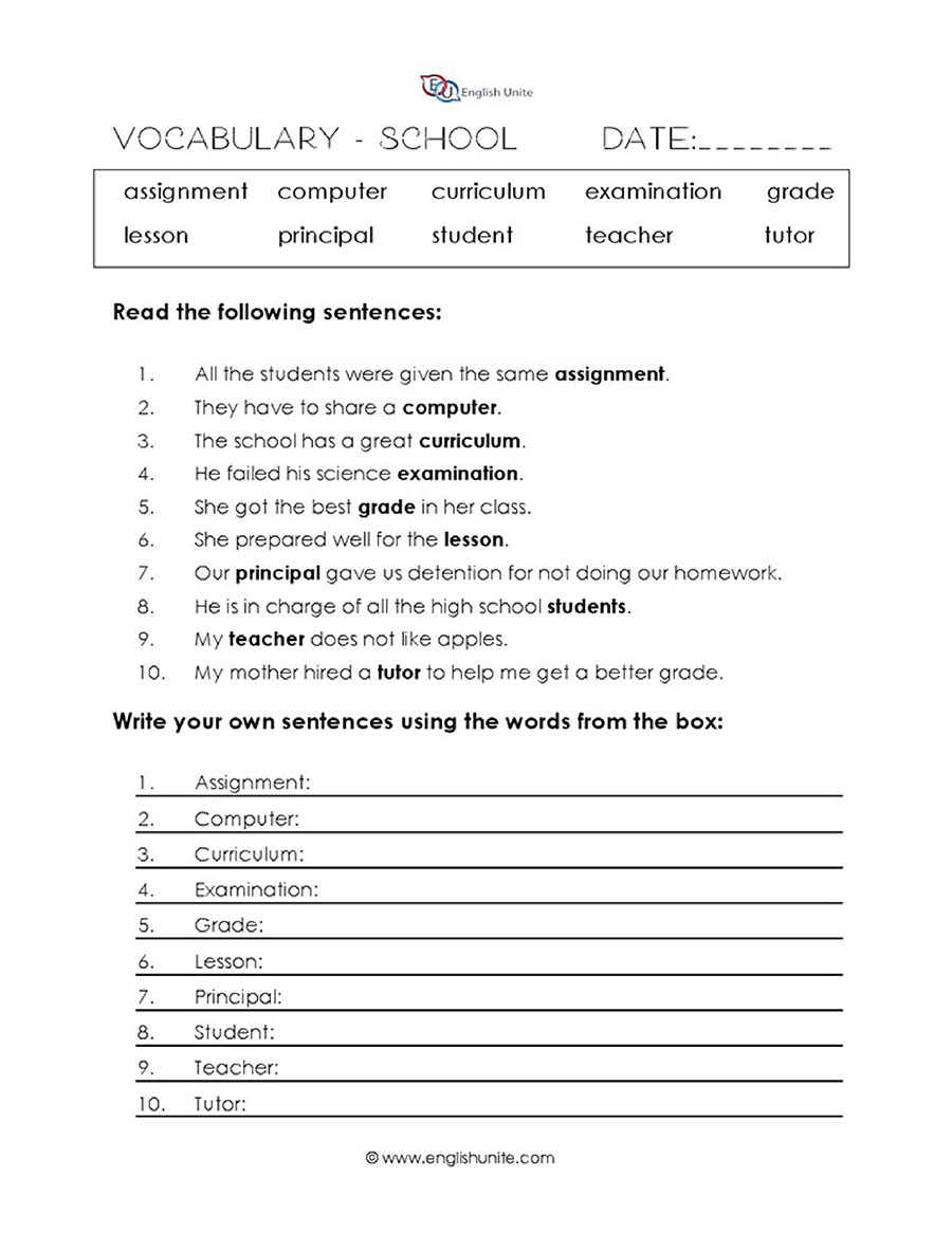 English Unite - School Vocabulary Worksheet - Worksheets Library in Vocabulary Printable Worksheets For Grade 7