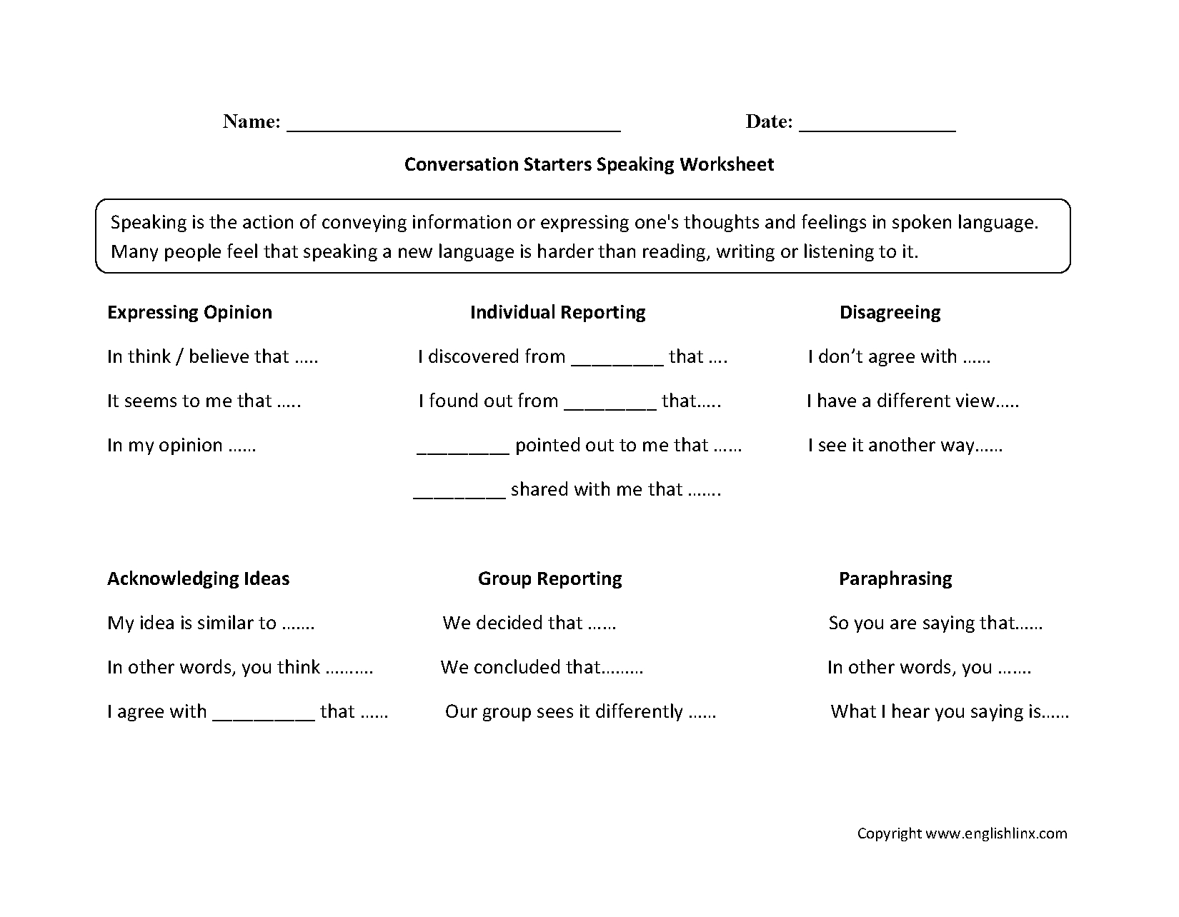 Englishlinx | Speaking Worksheets within Speaking Worksheets Printable For Adults