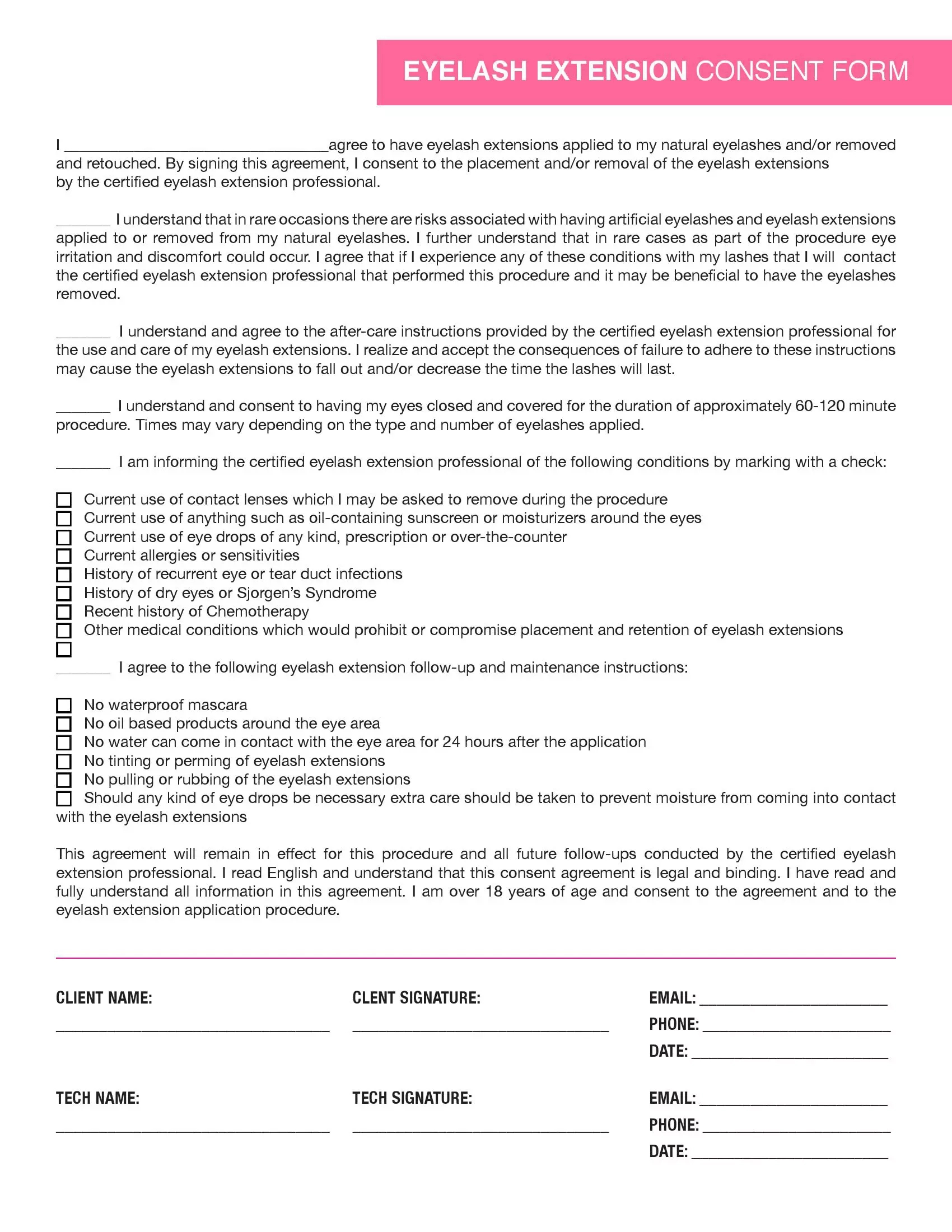 Eyelash Extension Consent Form (Waiver And Release Template) in Free Printable Eyelash Extension Consent Form