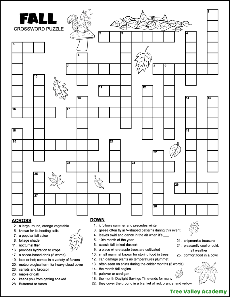 Fall Crossword Puzzle For Middle School - Tree Valley Academy in Fall Crossword Printable