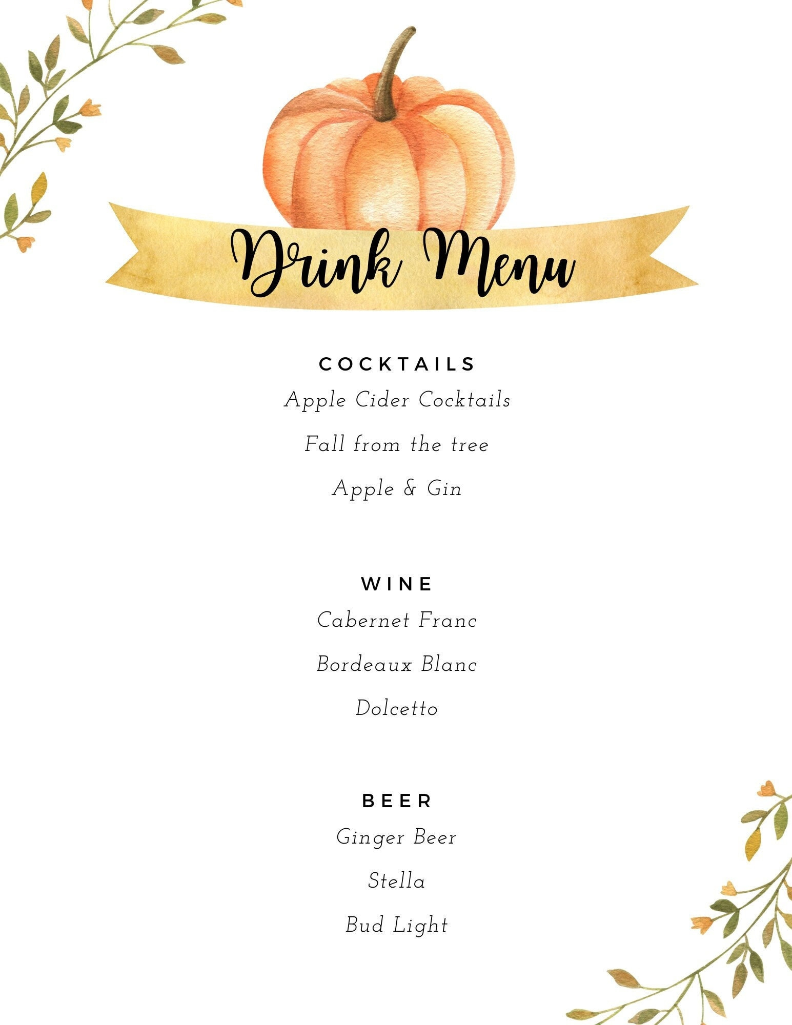 Fall Drink Menu For Party| Printable| Personalized Menu| Pumpkin regarding Thanksgiving Drink Menu Template