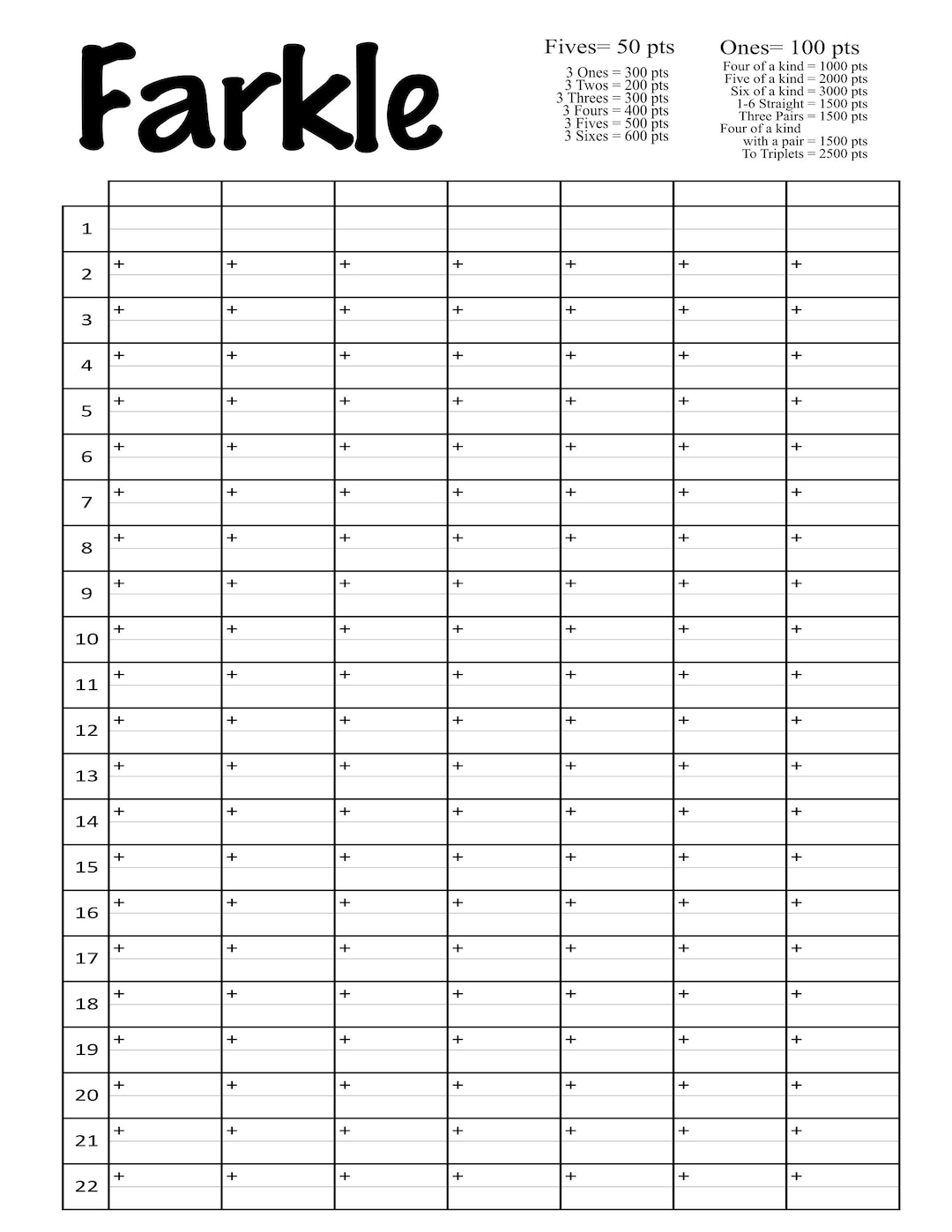 Farkle Score Card Printable File With Blank Spaces To Add Your Own in Free Printable Farkle Score Sheets