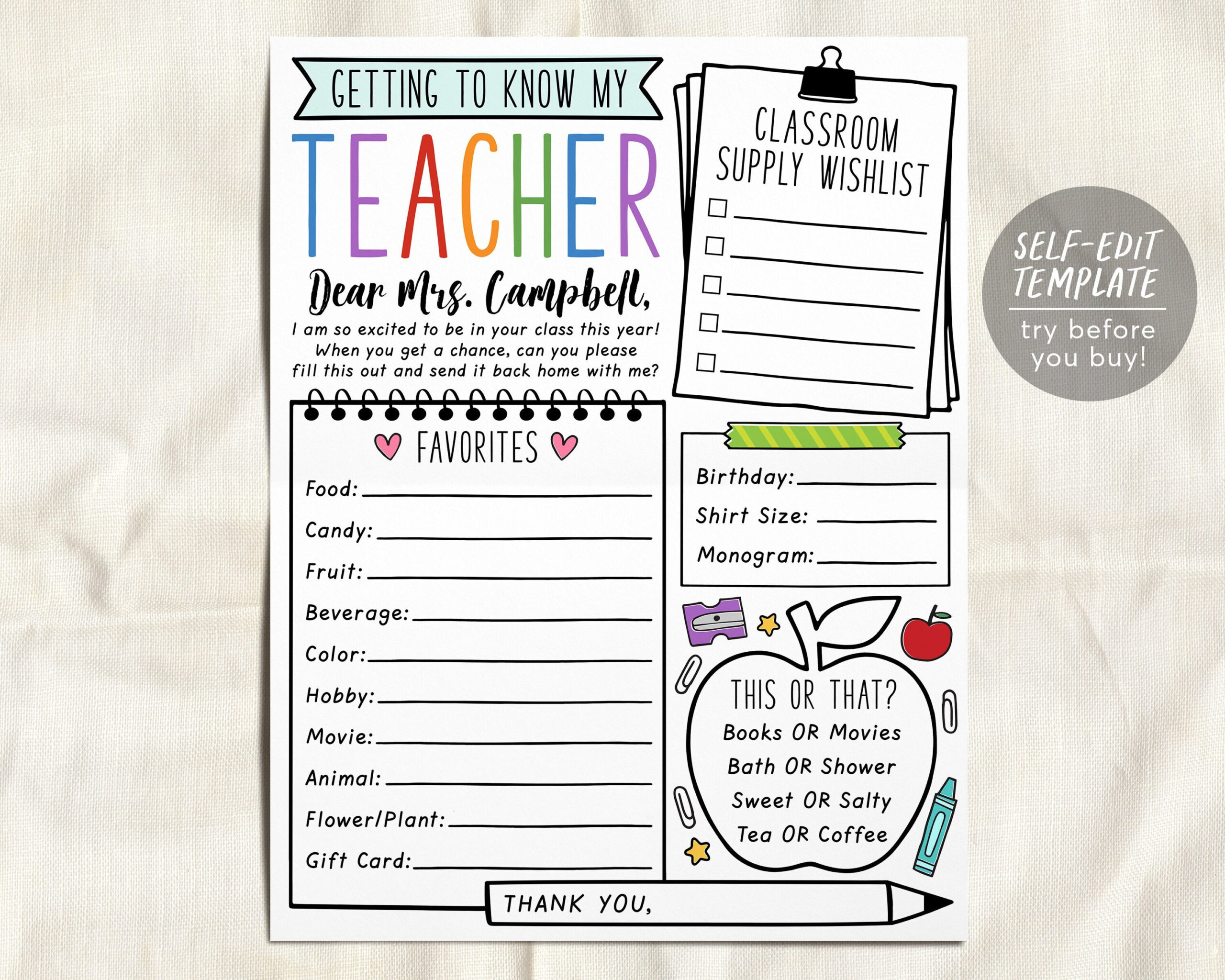 Favorites Teacher Survey Editable Template, Getting To Know My inside Get to Know Your Teacher Questions Free Printable