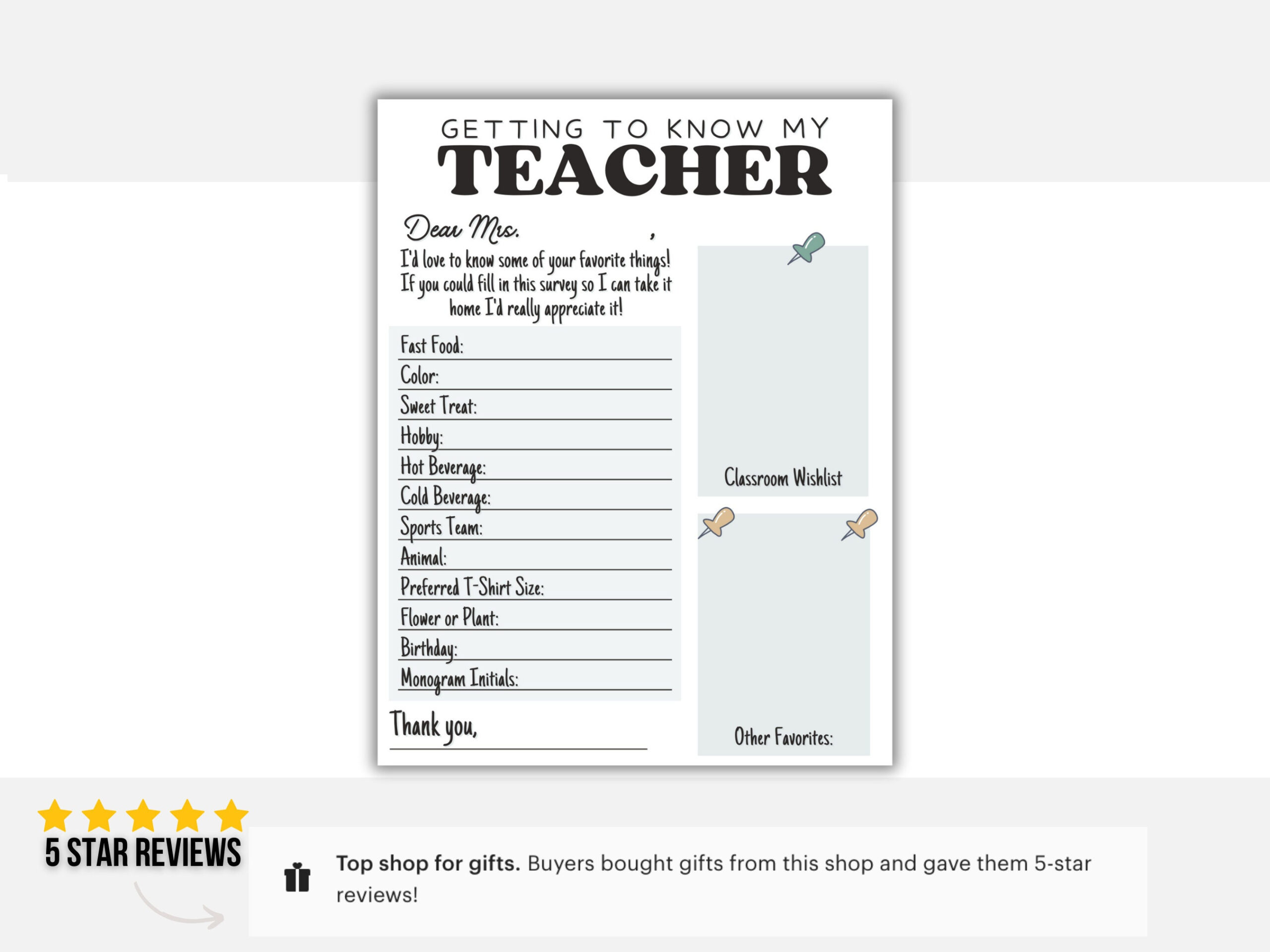 Favorites Teacher Survey Printable Gift Questionnaire For Teachers with regard to Getting To Know My Teacher Printable