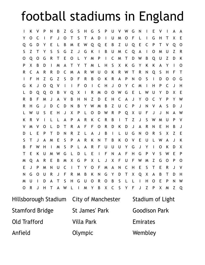 Football Stadiums In England Word Search - Wordmint with Football Word Search Printable