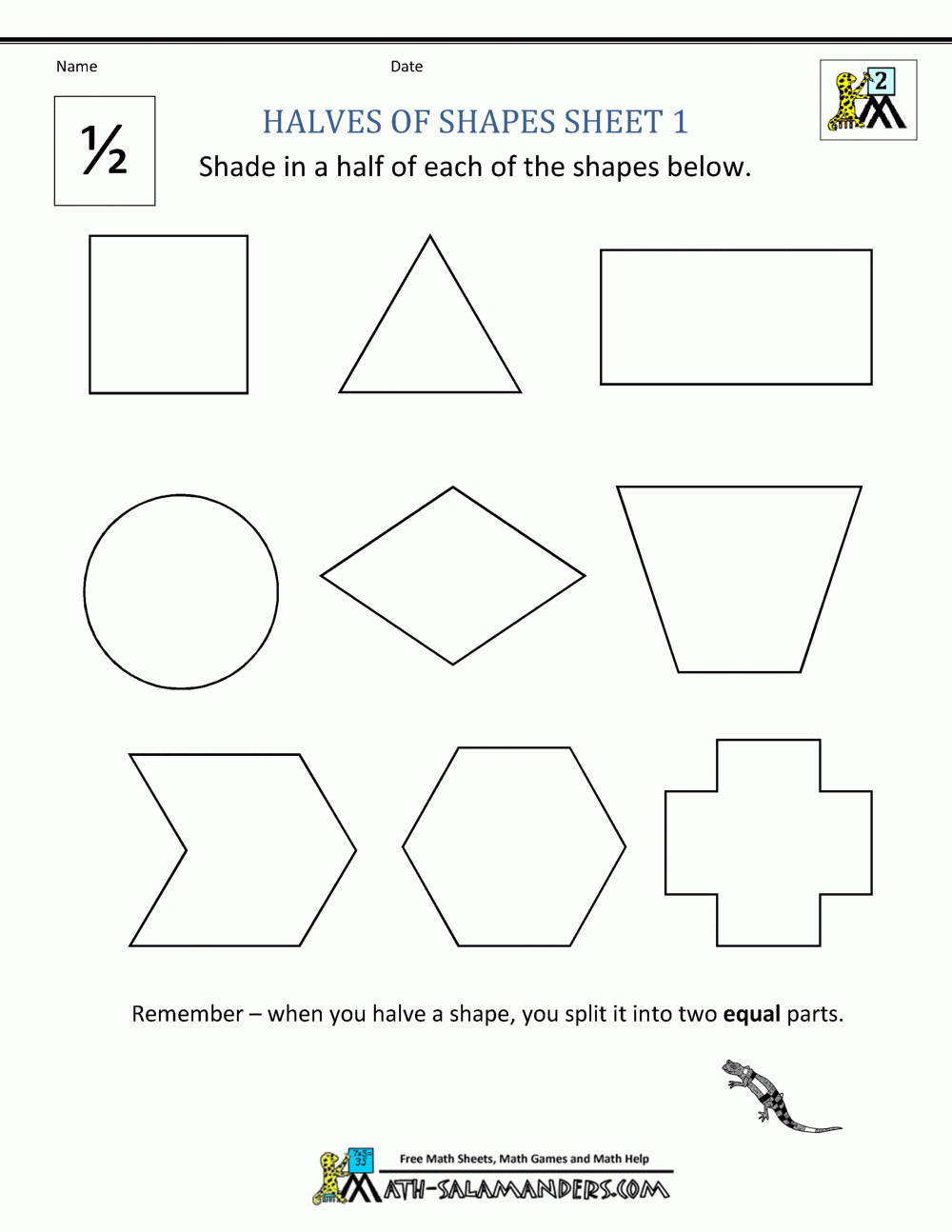 Fraction Math Worksheets within Halves Worksheet Grade 1 Printable