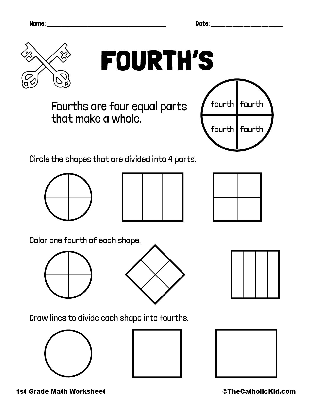 Fractions - Fourths - Quarters - 1St Grade Math Worksheet Catholic intended for Halves And Quarters Worksheet For Grade 1