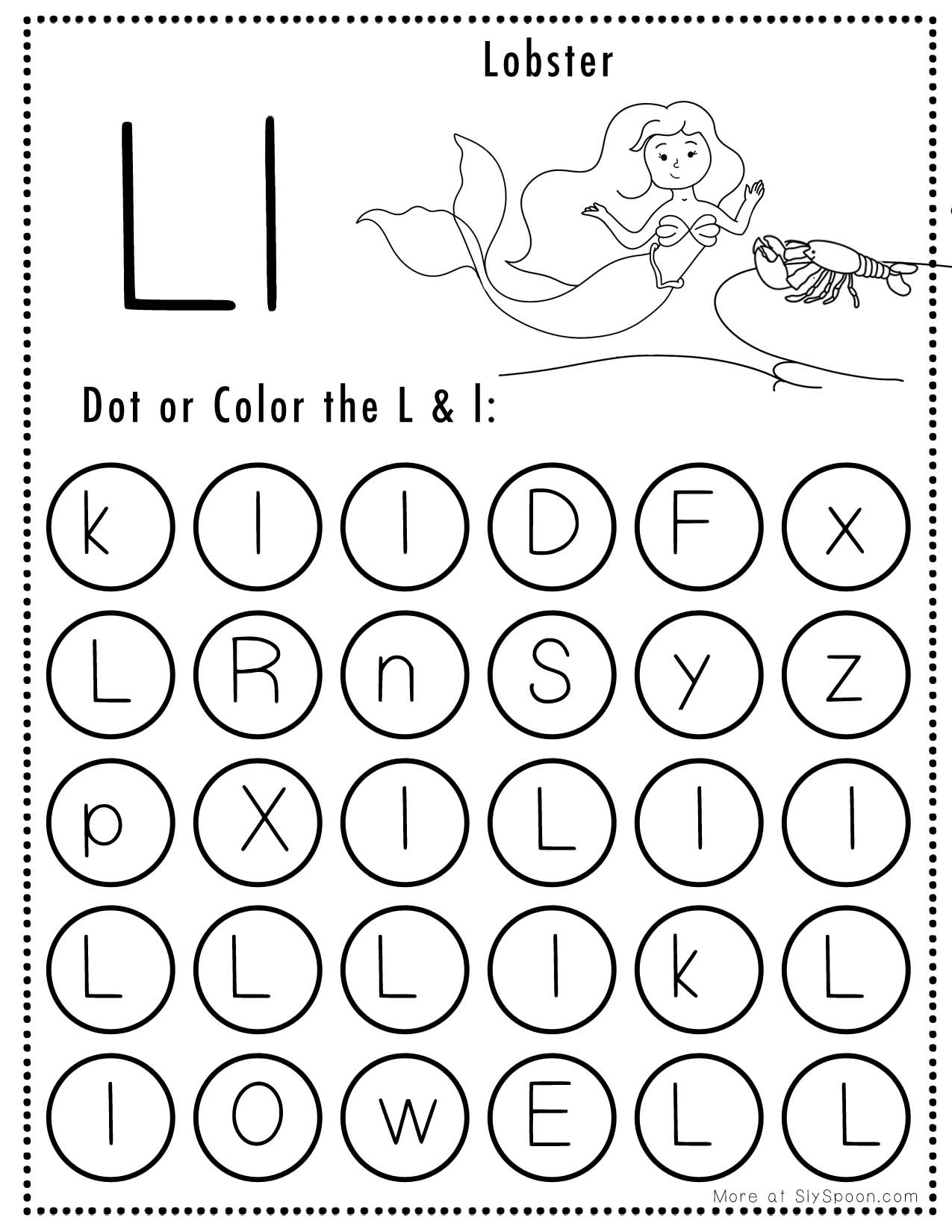 Free Alphabet Do A Dot Printables Worksheets - Letter L (Mermaid with Free Letter Links Printables