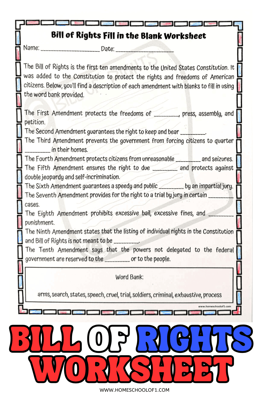 Free Bill Of Rights Worksheet (Fill In The Blank) pertaining to Free Printable Bill Of Rights Worksheets