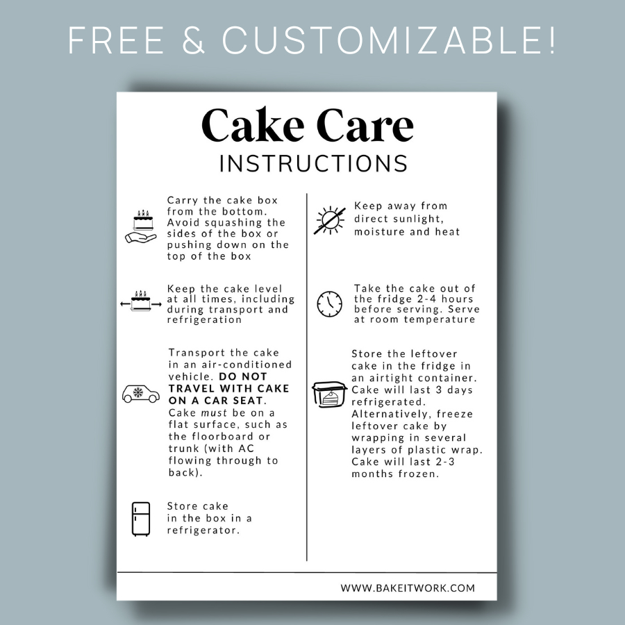 Free Cake Care Card Template - Bakeitwork within Free Printable Cake Care Instructions
