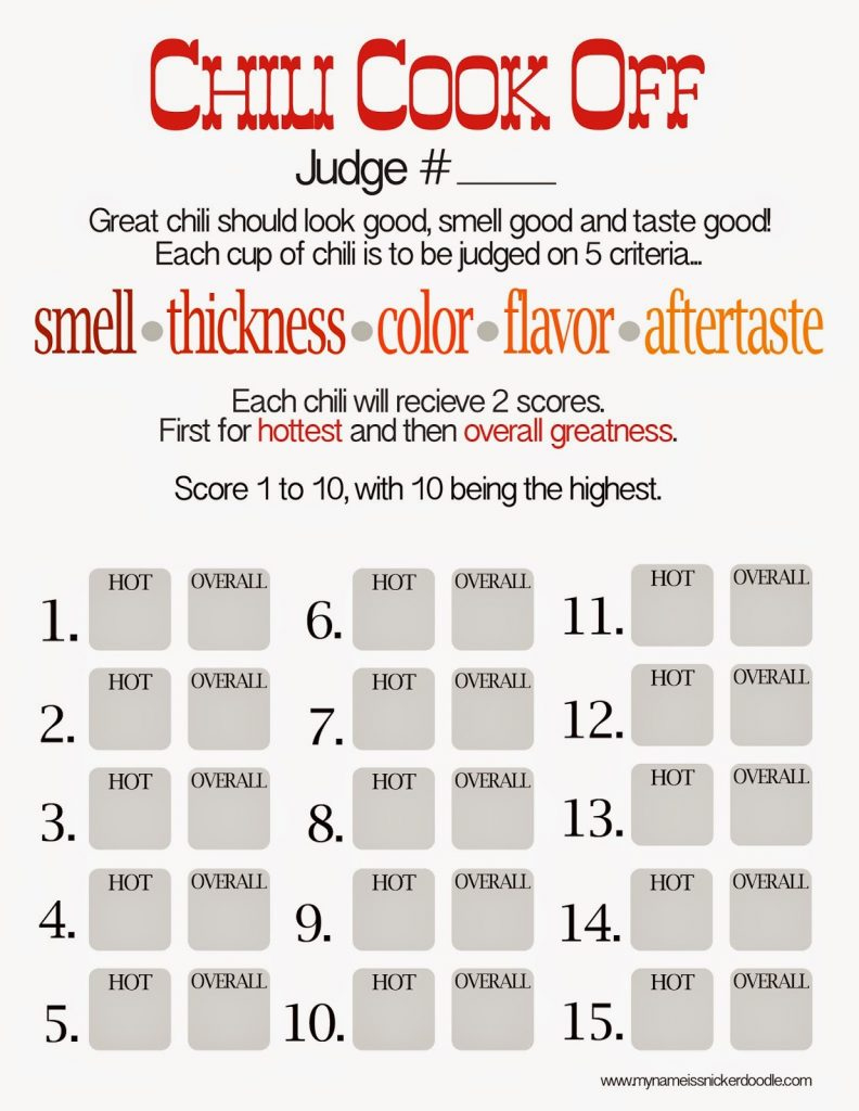 Free Chili Cook Off Score Card - My Name Is Snickerdoodle pertaining to Pdf Free Printable Chili Cook Off Scorecards