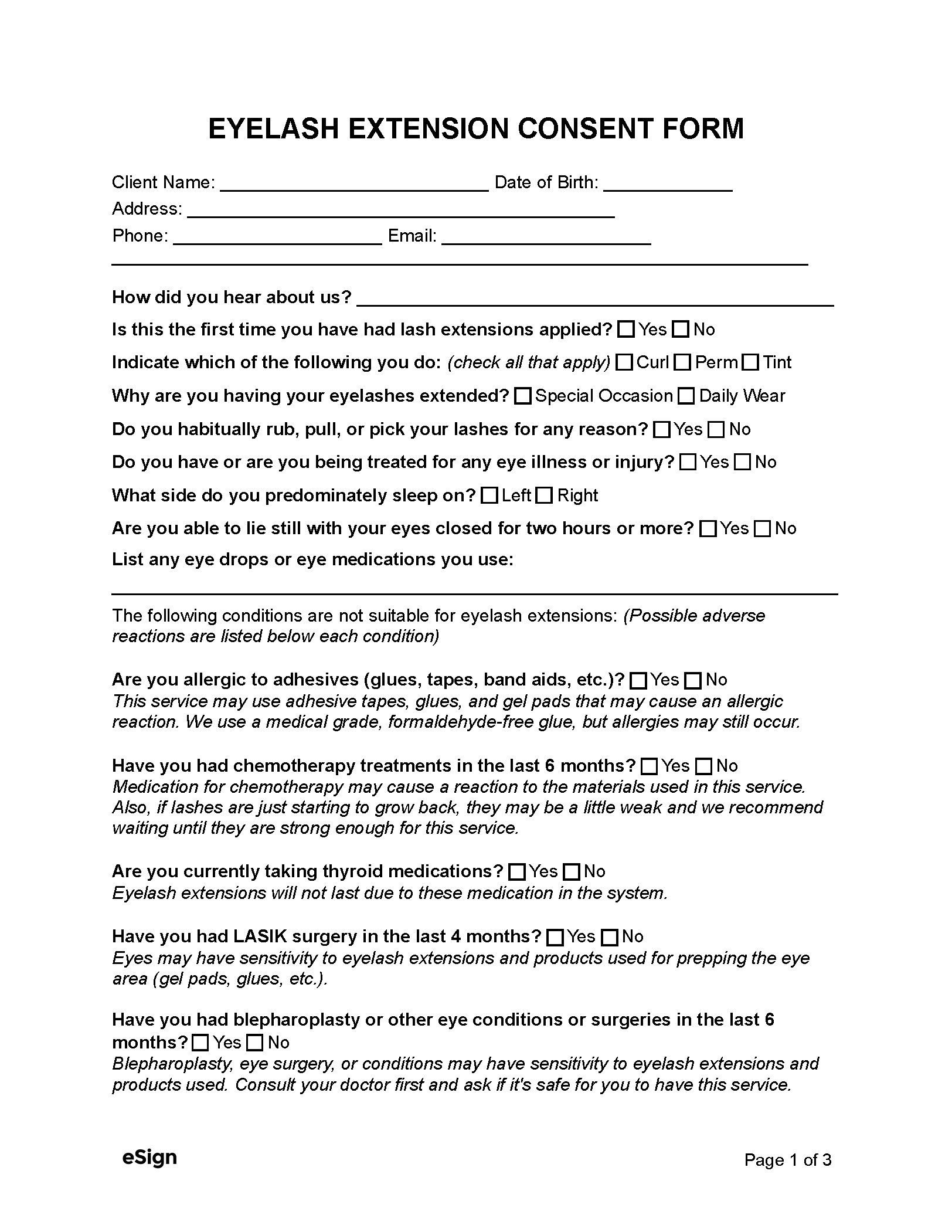 Free Eyelash Extension Consent Form | Pdf | Word with Free Printable Eyelash Extension Consent Form