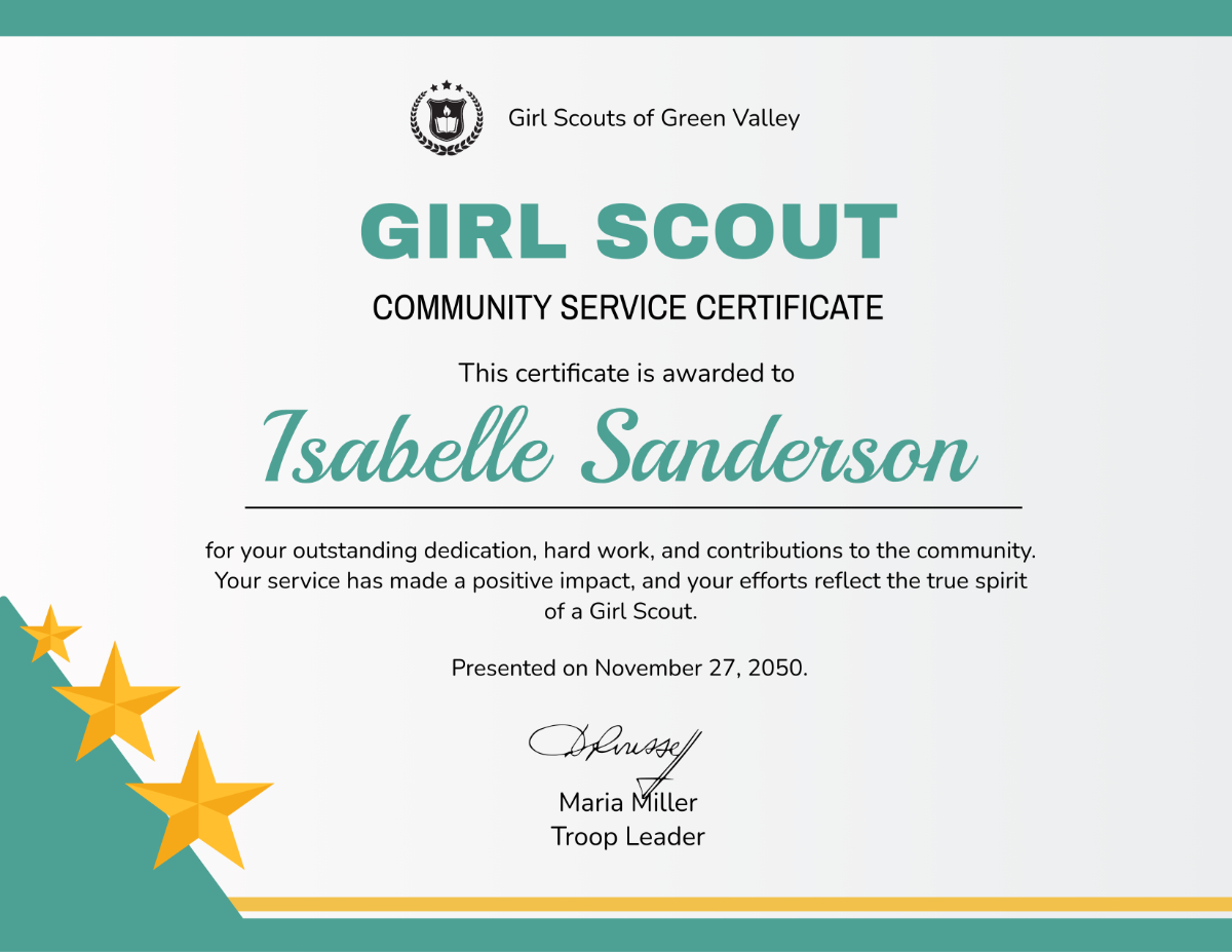 Free Girl Scout Community Service Certificate Template To Edit Online inside Girl Scout Certificates Printable Free