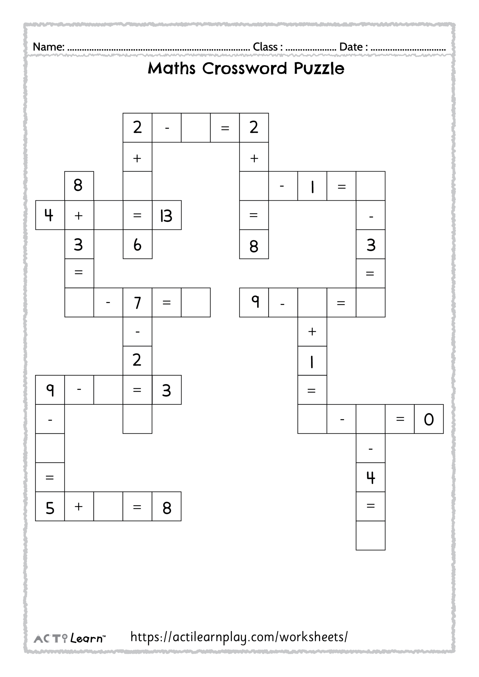 Free Math Crossword Puzzle | Addition &amp;amp; Subtraction For Kids intended for Maths Crossword Printable