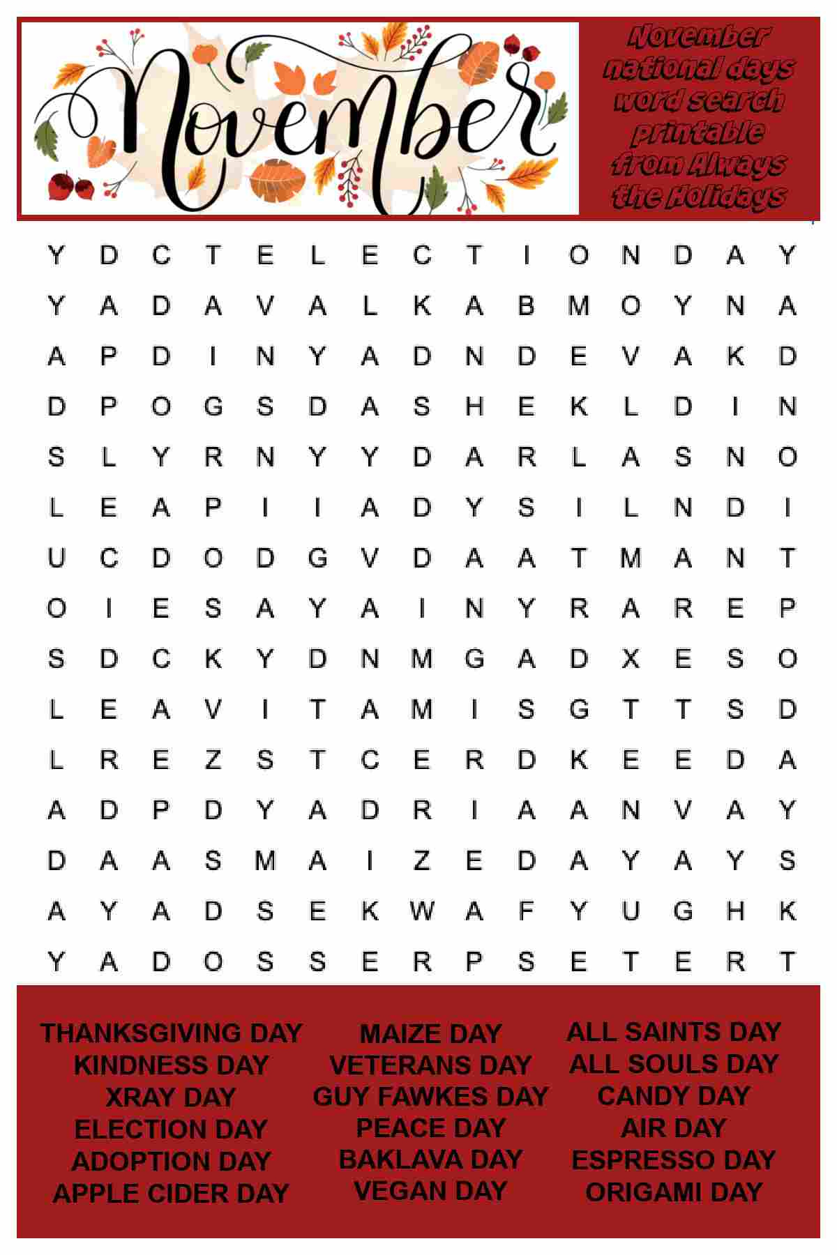 Free November Word Search Printable - National Days Word Find pertaining to November Word Search Printable