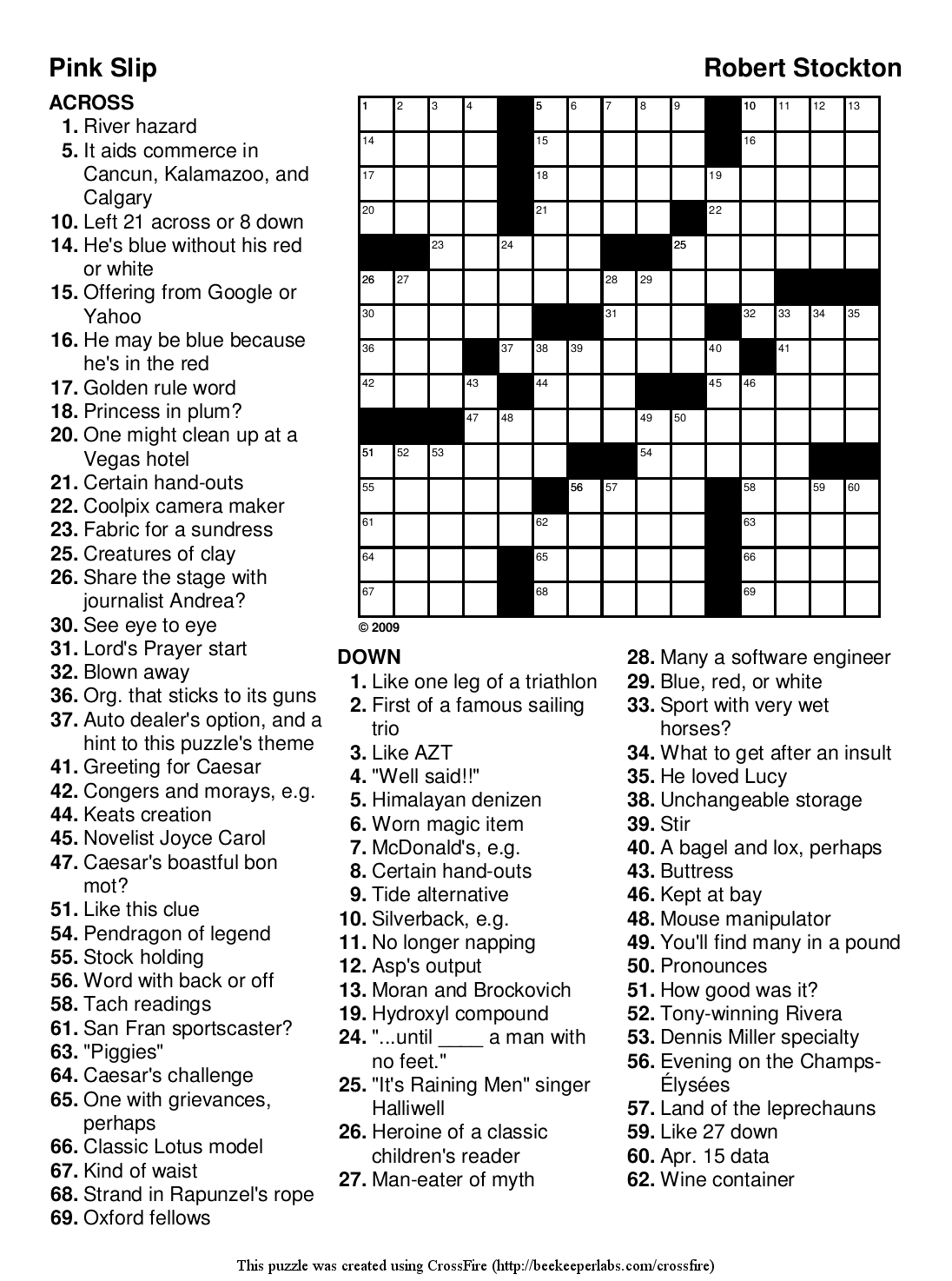 Free Printable Crossword Puzzle #93: "Pink Slip" | Beekeeper for Esl Crossword Puzzles Printable