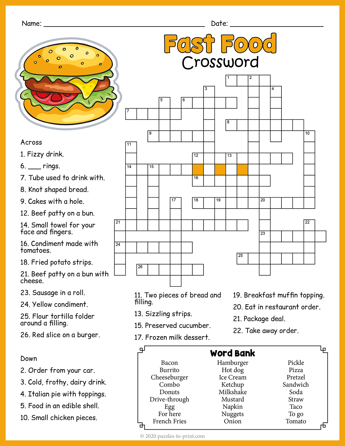 Free Printable Fast Food Crossword throughout Printable Food Crossword Puzzles