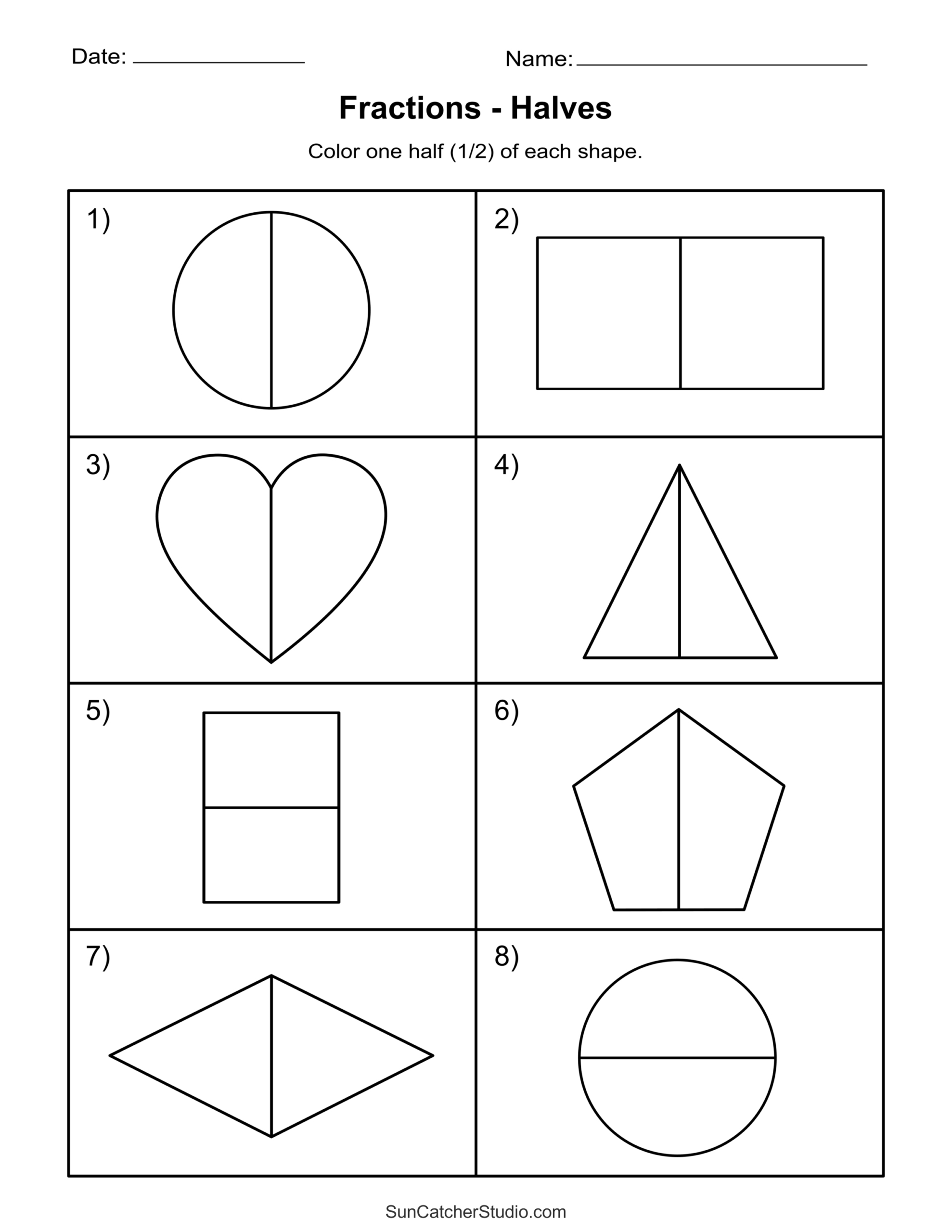 Free Printable Fractions Worksheets (Comparing & Identifying with Halves Worksheet Grade 1 Printable