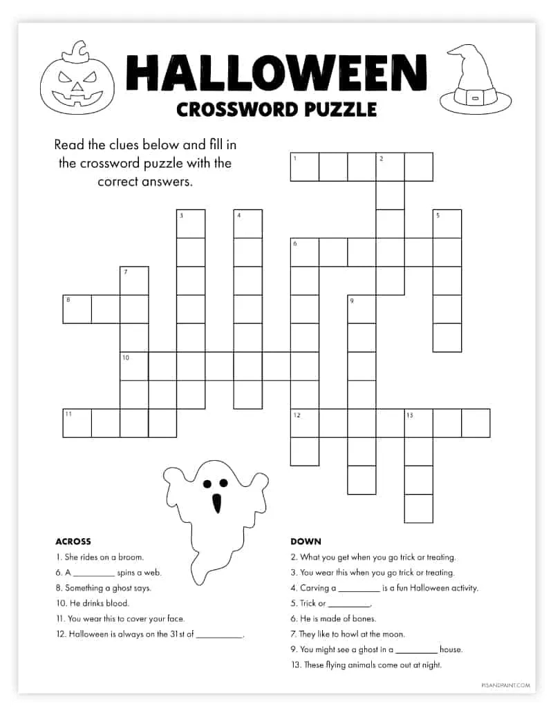 Free Printable Halloween Crossword Puzzle - Pjs And Paint with Crossword Puzzles Halloween Printable