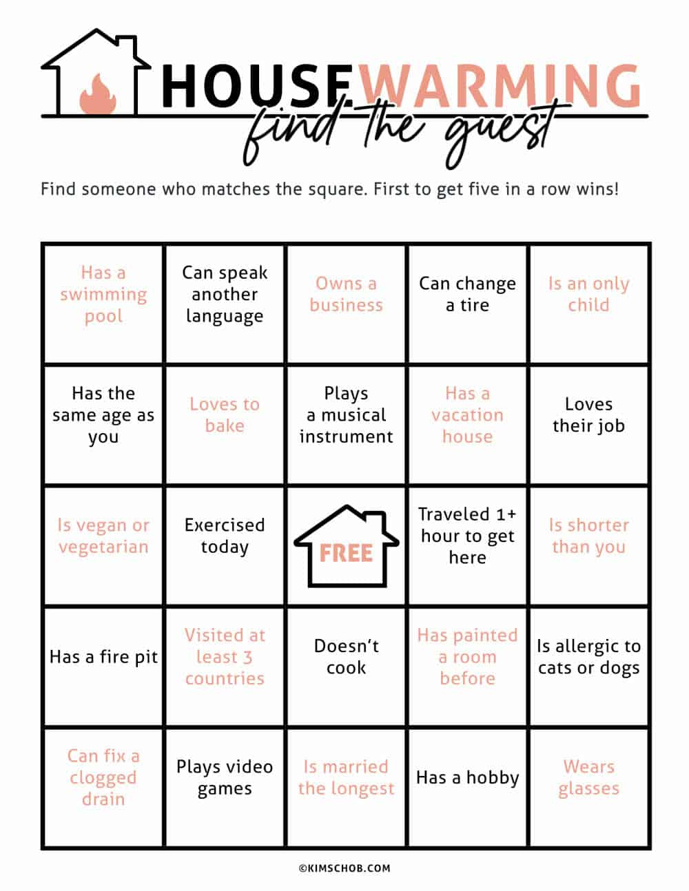 Free Printable Housewarming Games - Kim Schob in Printable Housewarming Party Games