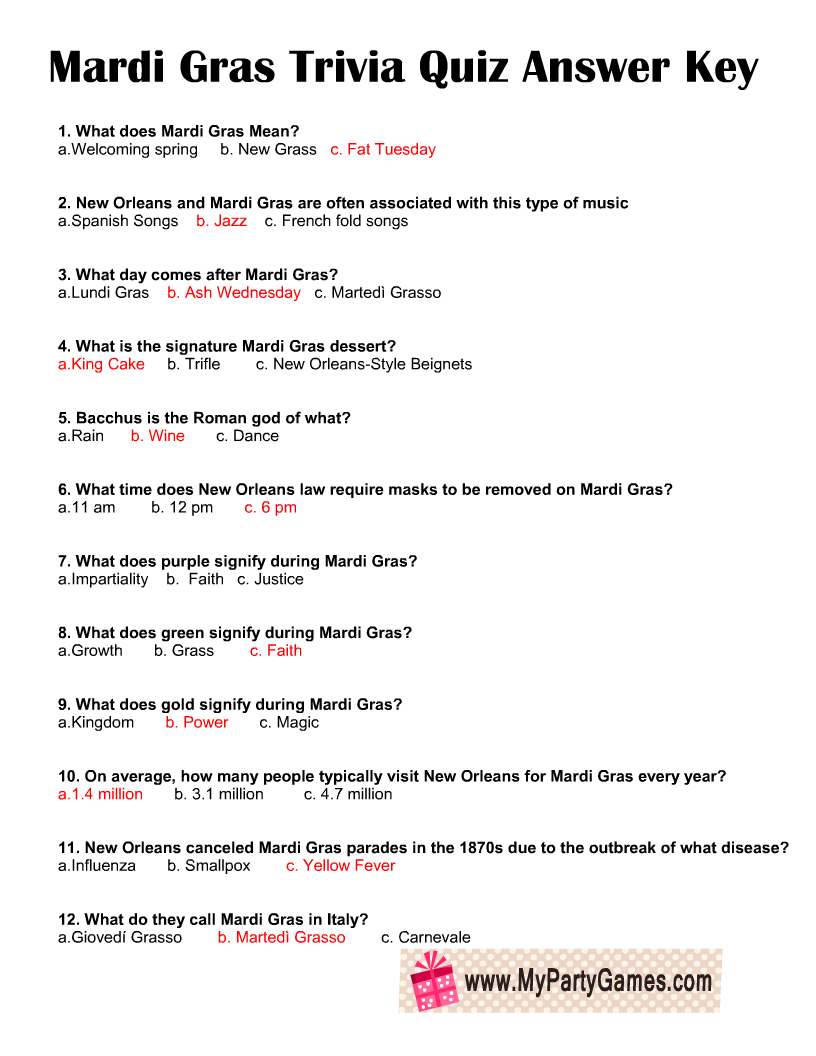 Free Printable Mardi Gras Trivia Quiz With Answer Key inside Free Printable Mardi Gras Trivia Questions and Answers