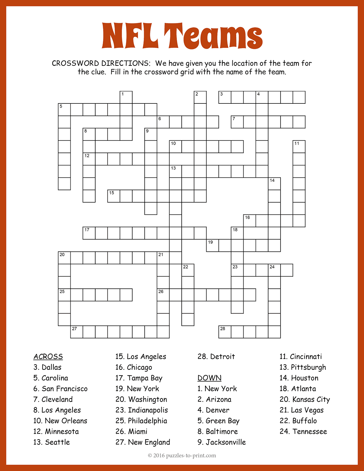 Free Printable Nfl Teams Crossword for Football Crosswords Printable
