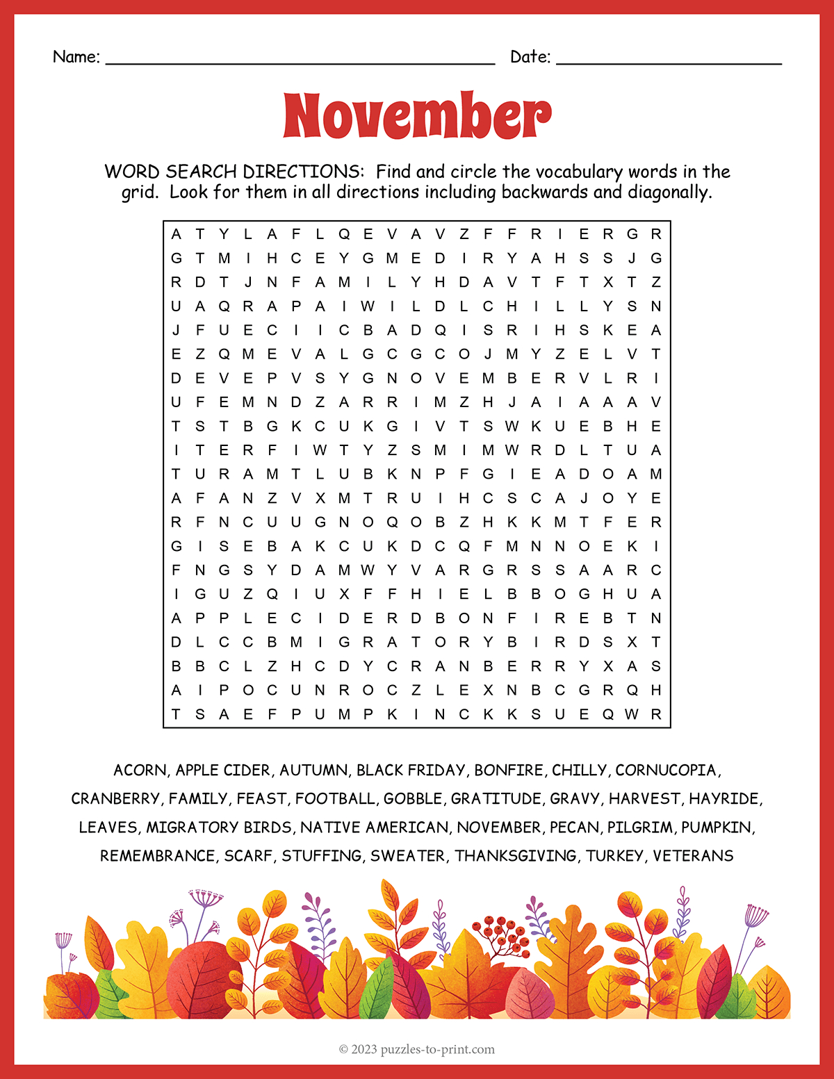 Free Printable November Word Search throughout November Word Search Printable