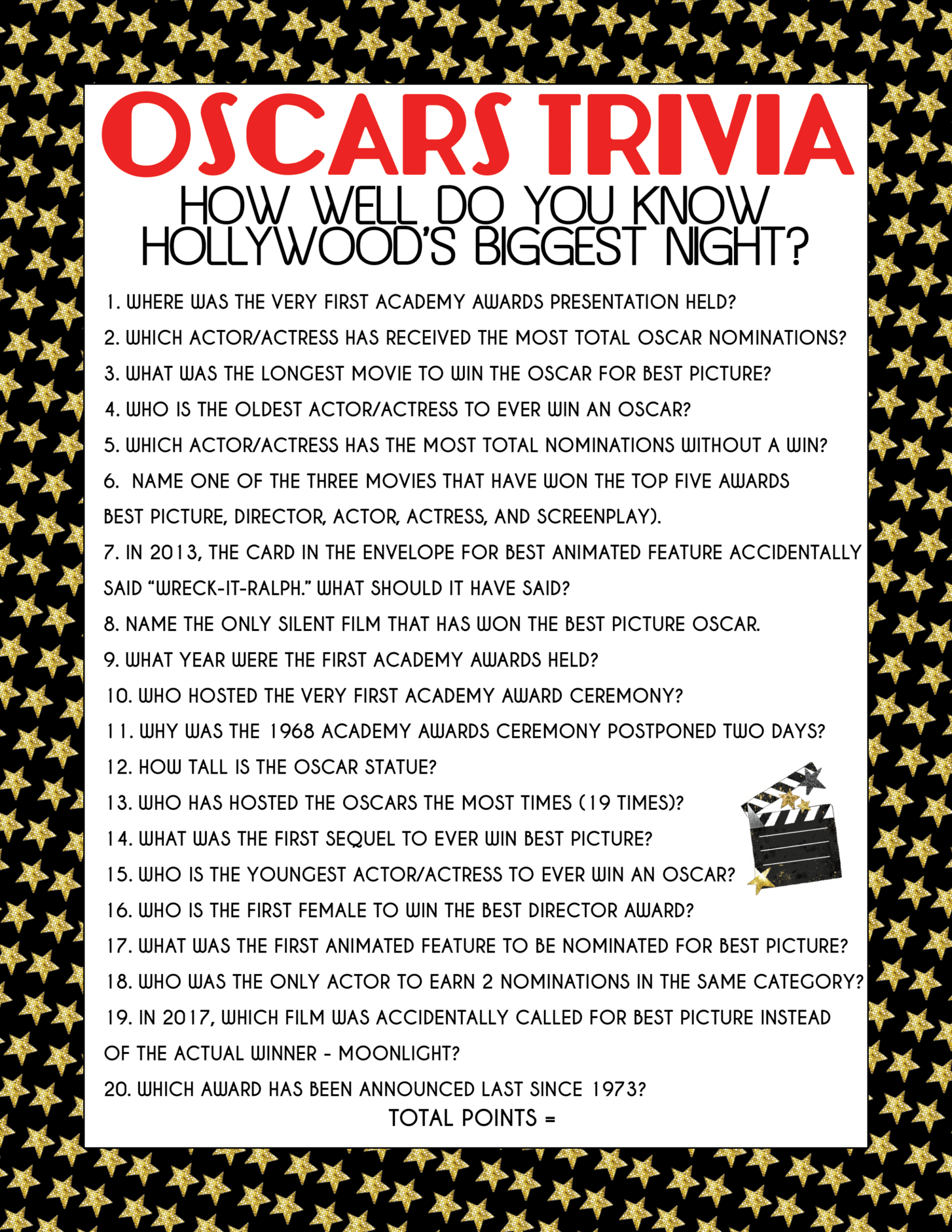 Free Printable Oscar Trivia Game - Play Party Plan with Oscar Trivia Questions Printable