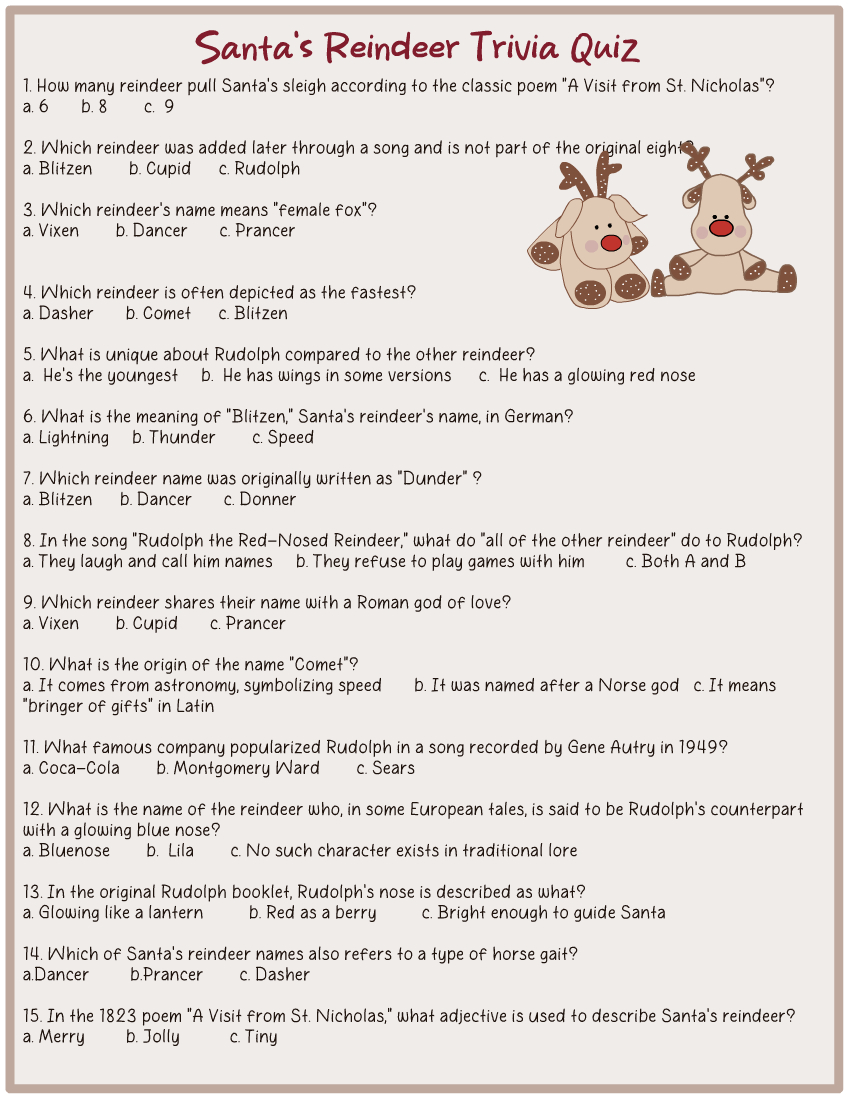 Free Printable Santa&amp;#039;S Reindeer Trivia Quiz With Answer Key regarding Reindeer Trivia Questions and Answers Printable