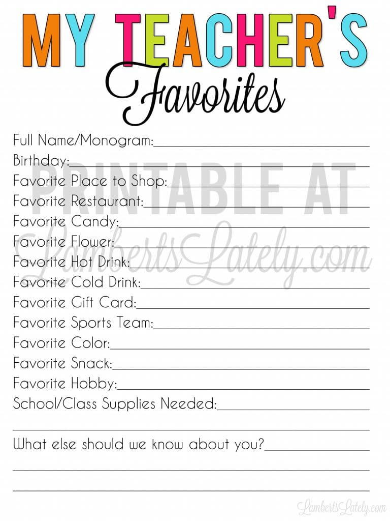 Free Printable Teacher Favorite Things Form | Lamberts Lately with regard to Get To Know Your Teacher Questions Free Printable