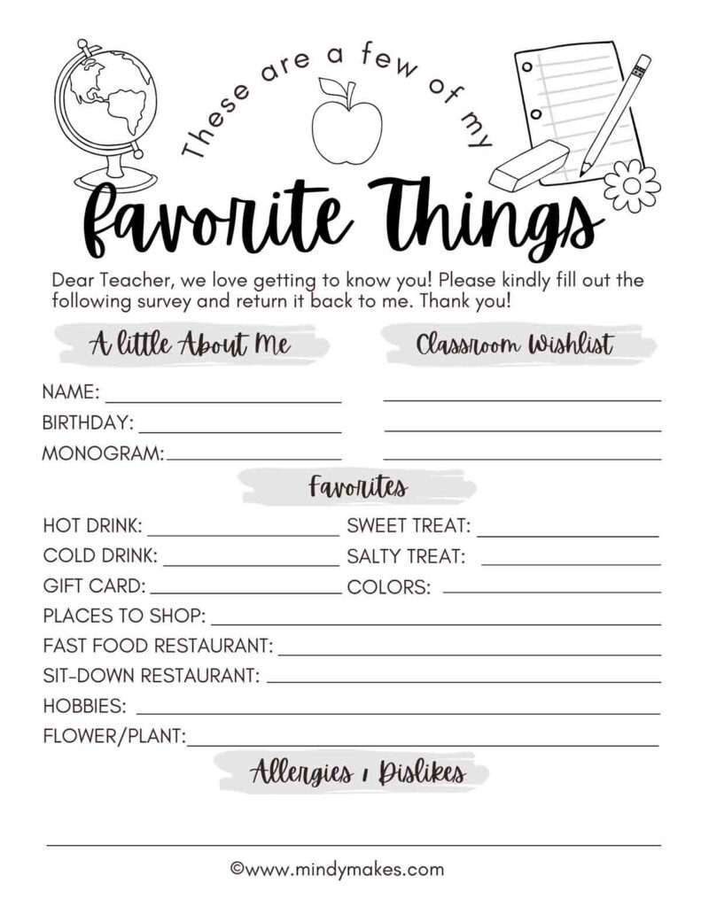 Free! Printable Teacher Favorite Things - Mindymakes for Free Printable Teacher Favorite Things