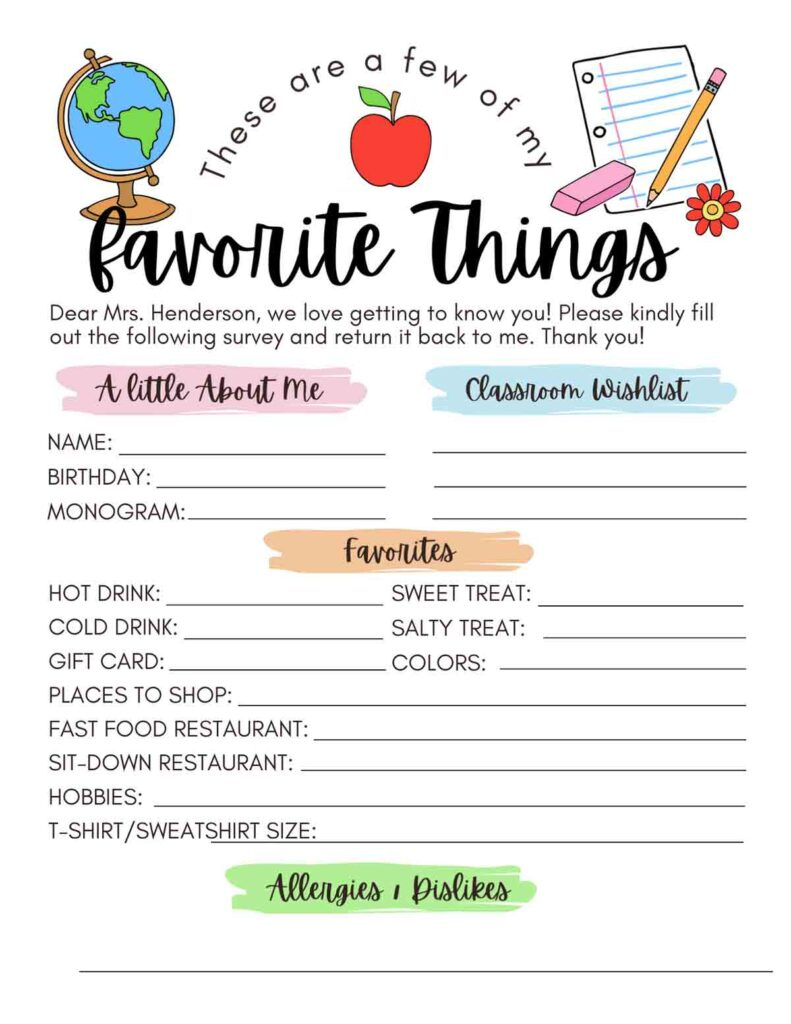 Free! Printable Teacher Favorite Things - Mindymakes for Free Printable Teacher Favorite Things