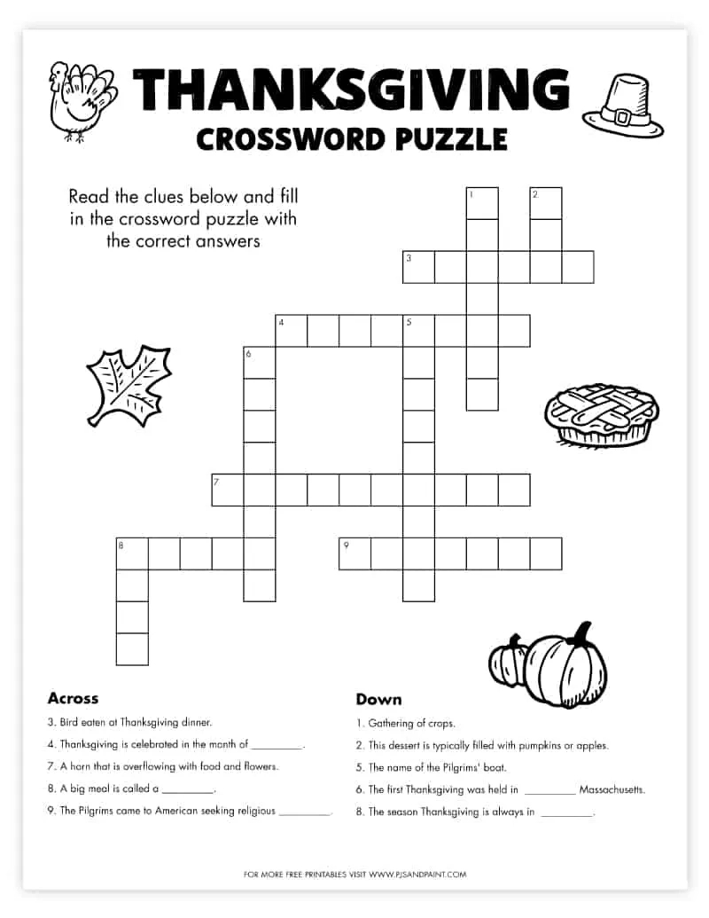 Free Printable Thanksgiving Crossword Puzzle - Pjs And Paint regarding Thanksgiving Crossword Puzzles Printable