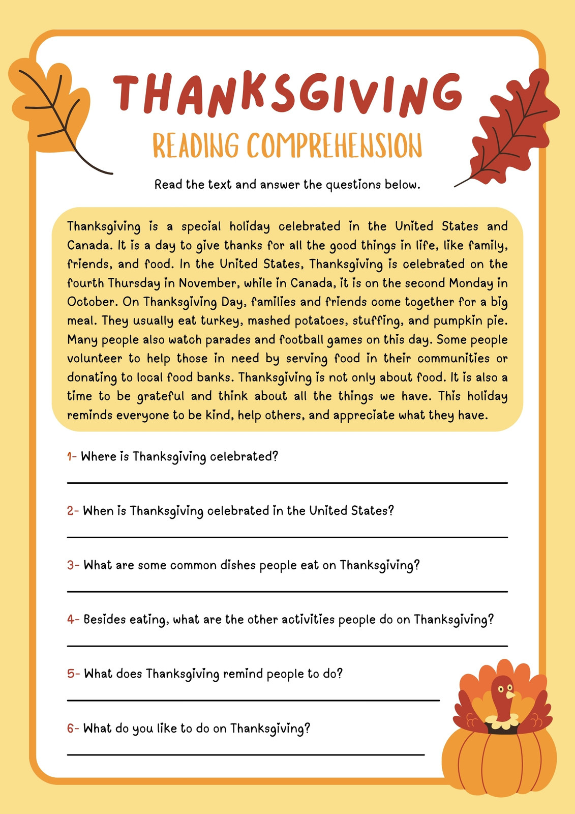 Free Printable Thanksgiving Worksheet Templates | Canva within Printable Thanksgiving Reading Comprehension