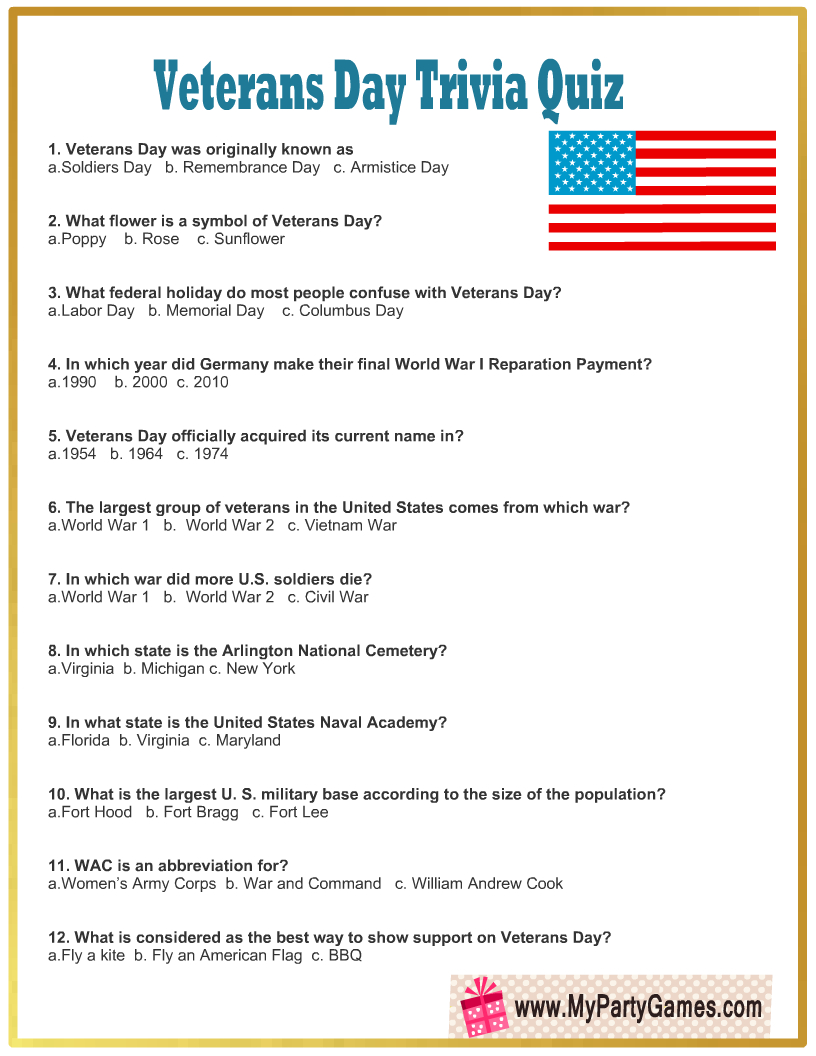 Free Printable Veterans Day Trivia Quiz With Answer Key within Printable Veterans Day Trivia