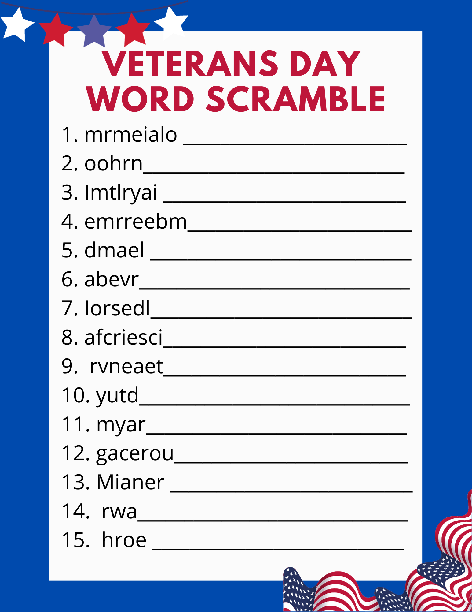 Free Printable Veterans Day Word Scramble - Classy Mommy inside Veterans Day Word Scramble Printable