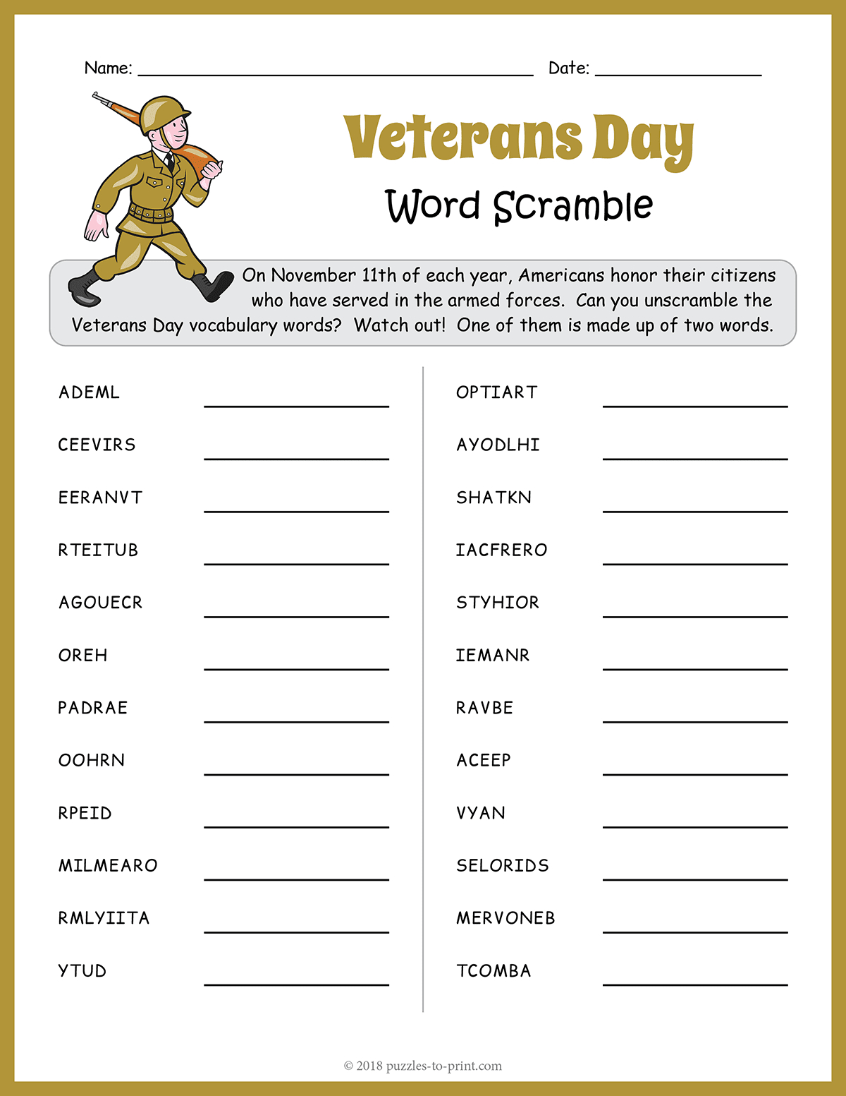 Free Printable Veterans Day Word Scramble for Veterans Day Word Scramble Printable