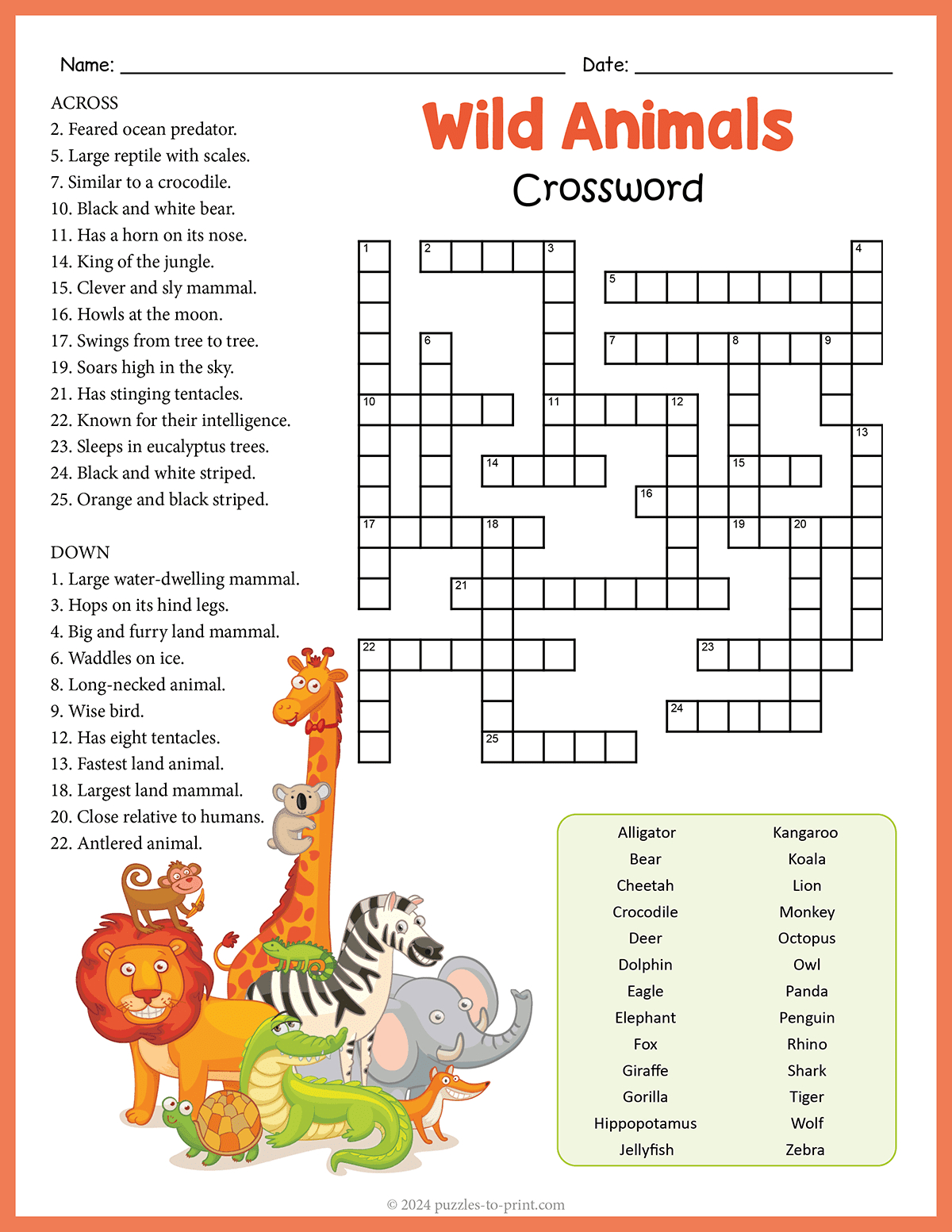 Free Printable Wild Animals Crossword throughout Printable Animal Crosswords