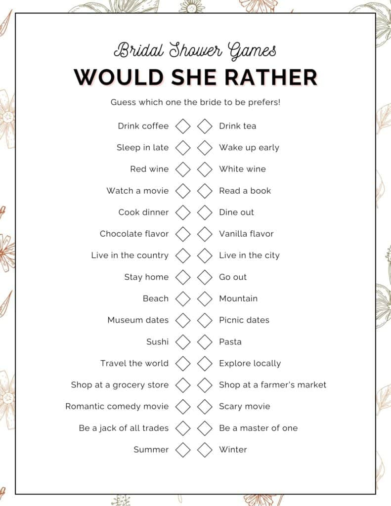 Free Printable: &amp;quot;Would She Rather?&amp;quot; Bridal Shower Game in Would She Rather Bridal Shower Game Free Printable