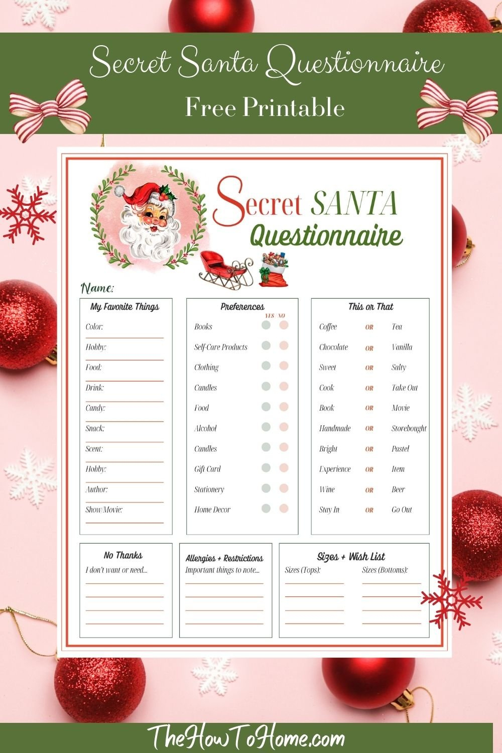 Free Secret Santa Questionnaire Printable: Instant Download - The with regard to Secret Santa Form Free Printable