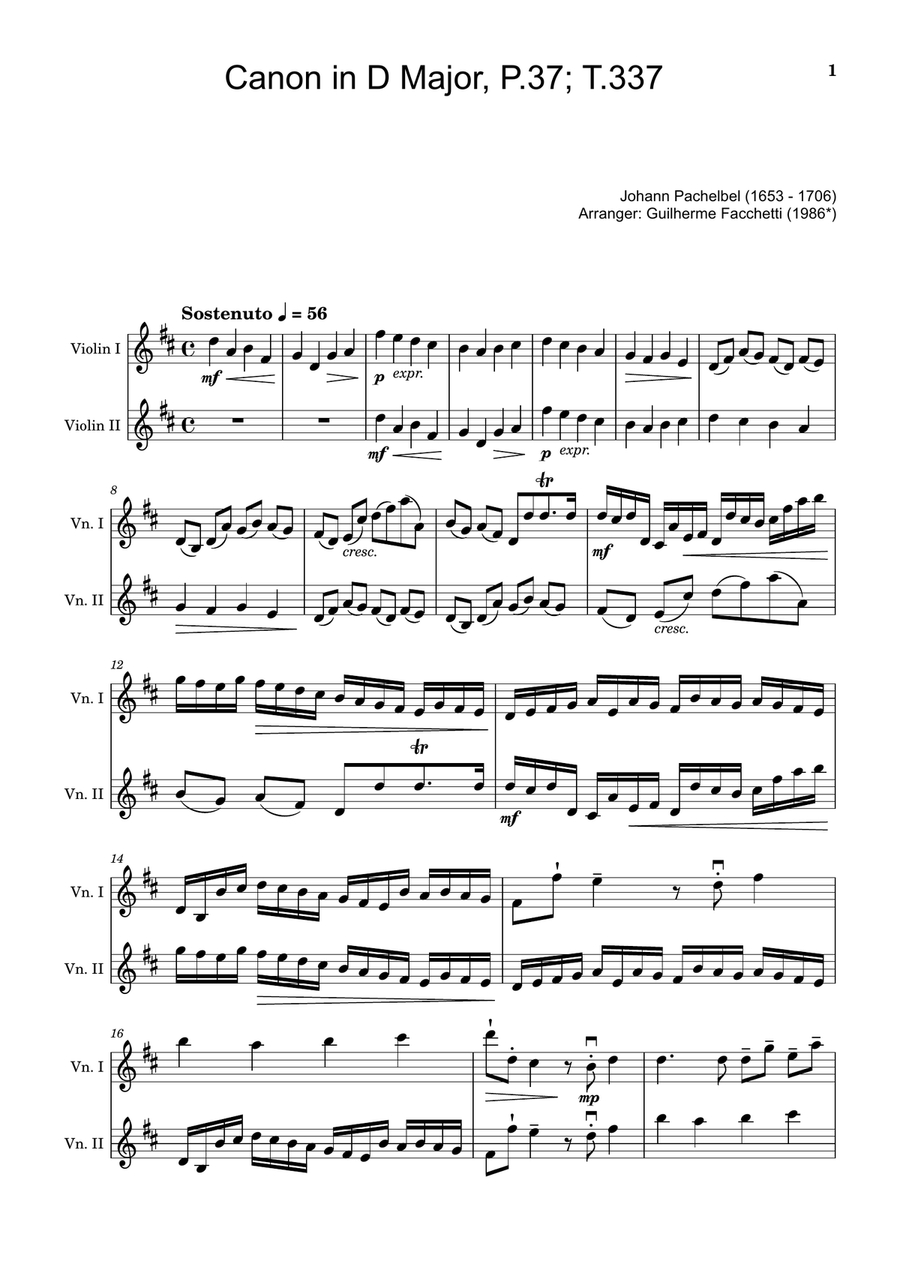 Free Sheet Music T. 337, (Pachelbel, Johann) Canon And Gigue In D inside Canon in D Piano Sheet Music Free Printable