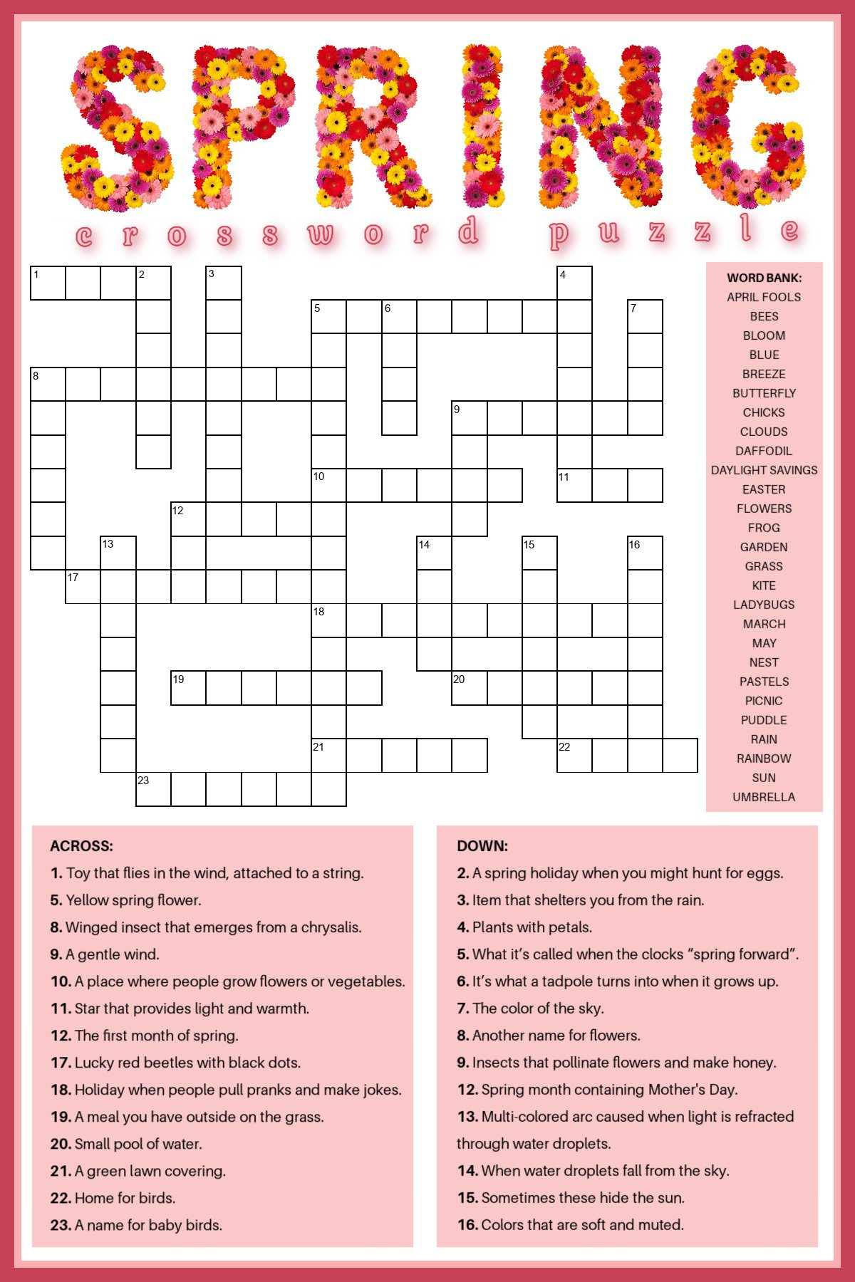 Free Spring Crossword Puzzle Printable - Answer Key Included in Crossword With Word Bank Printable