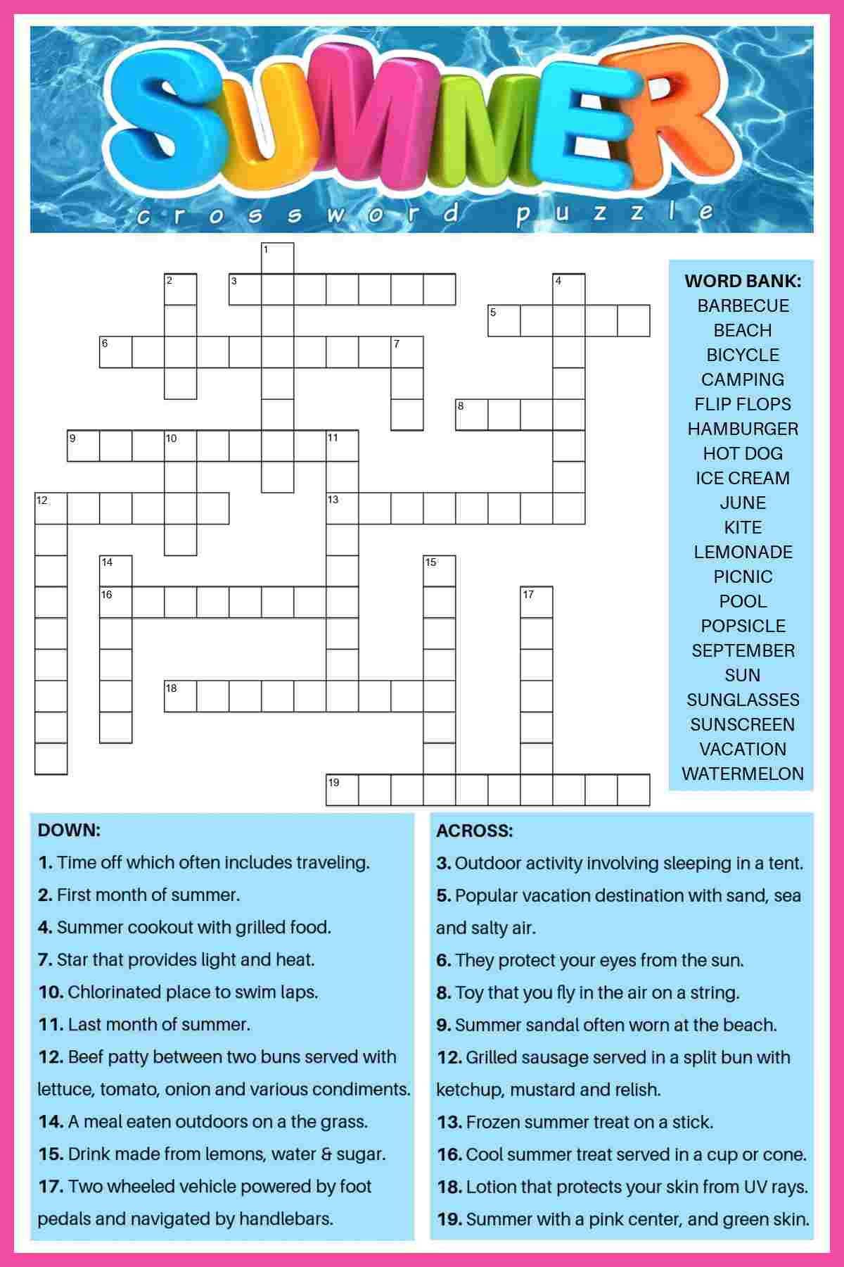Free Summer Crossword Puzzle (2 Versions) - Answers Included within Free Printable Summer Crossword Puzzles