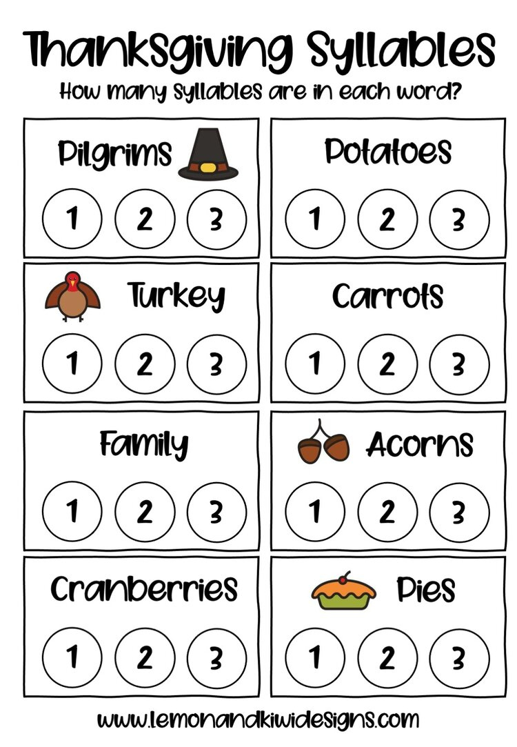 Free Thanksgiving Literacy Printables - Lemon And Kiwi Designs regarding Thanksgiving Syllables Worksheet