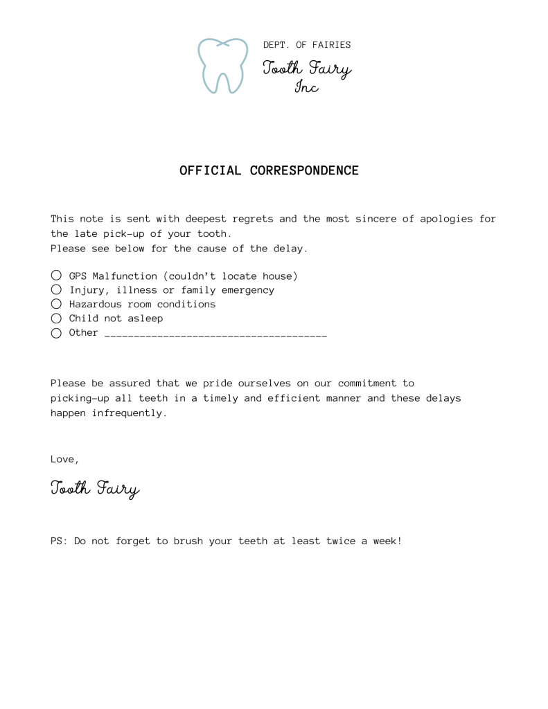 Free Tooth Fairy Apology Letter And Receipt Printable - The regarding Tooth Fairy Late Letter Printable Free