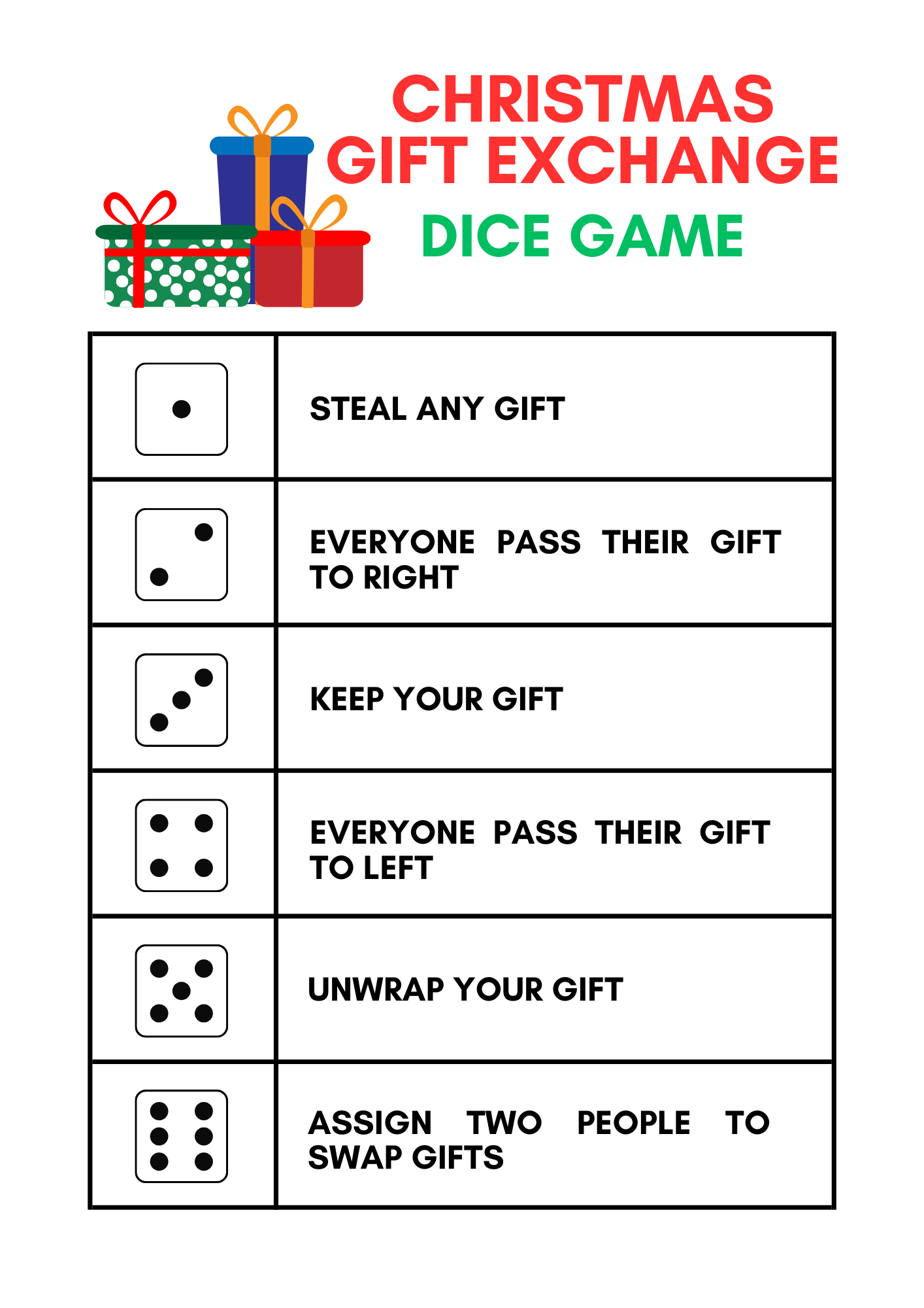 Free White Elephant Gift Exchange Dice Christmas Printable in White Elephant Dice Game Free Printable