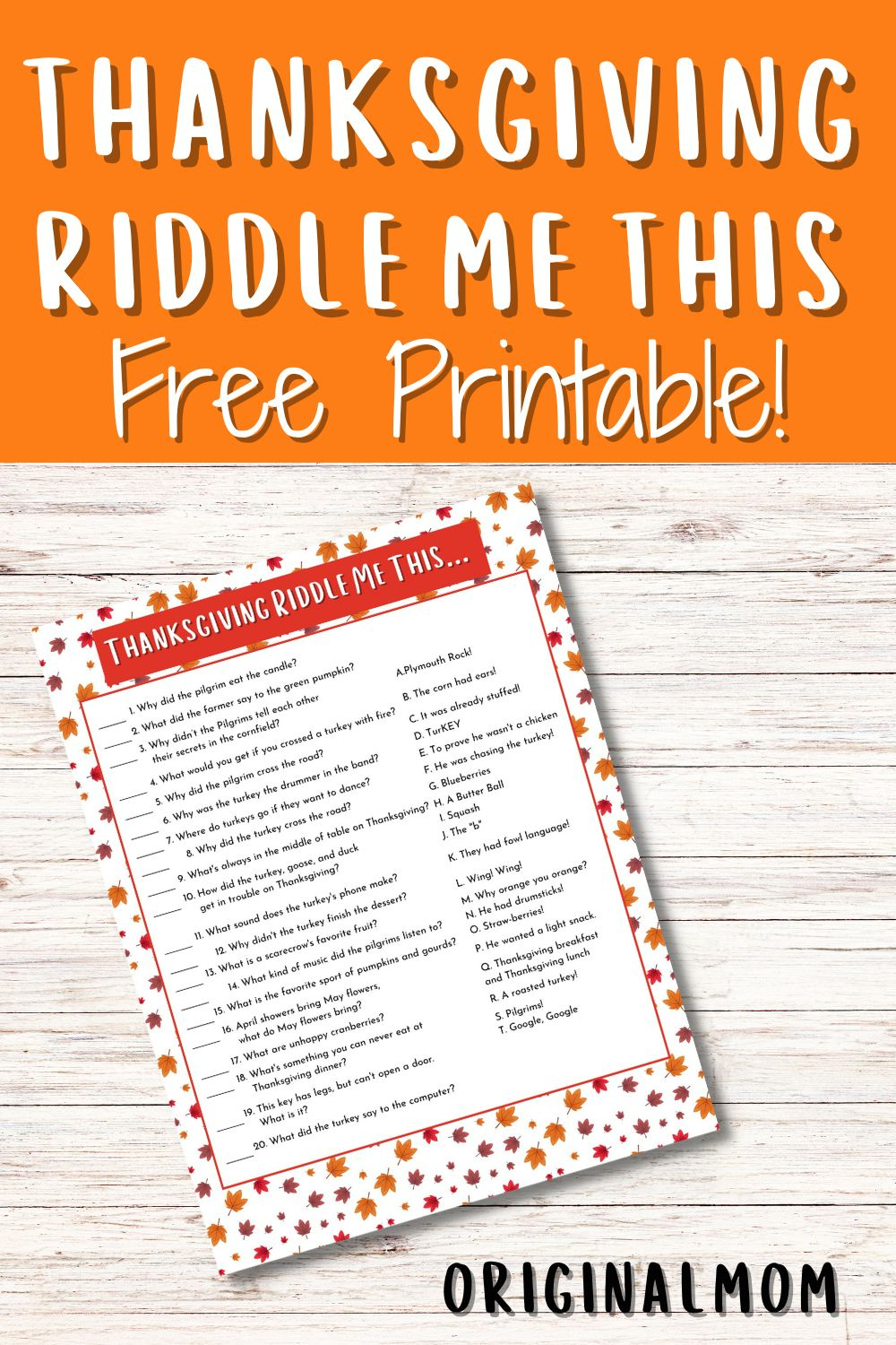 Fun Thanksgiving Riddle Me This Free Printable - Originalmom inside Thanksgiving Riddle Worksheet
