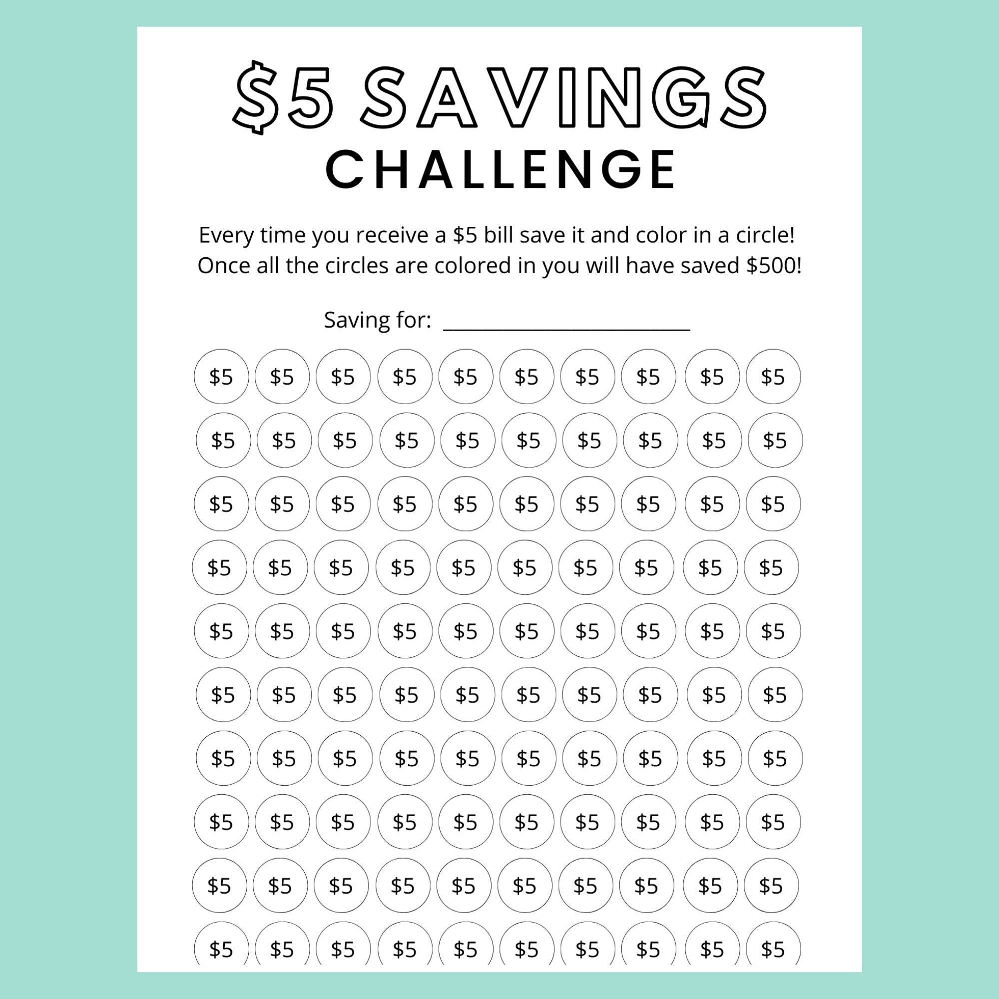 Geld Sparen Challenge Printable | 5 Dollar Spar Challenge | Spar with Printable 5 Dollar Challenge