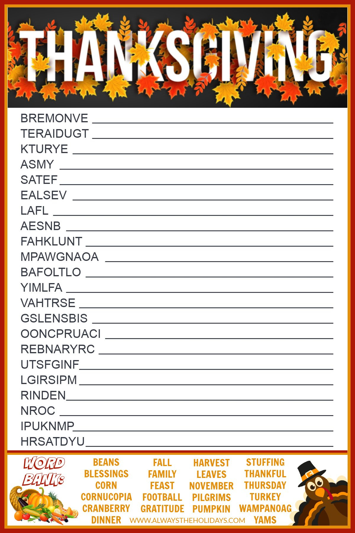 Get A Free Printable Thanksgiving Word Scramble With Answers inside Thanksgiving Word Scramble Free Printables